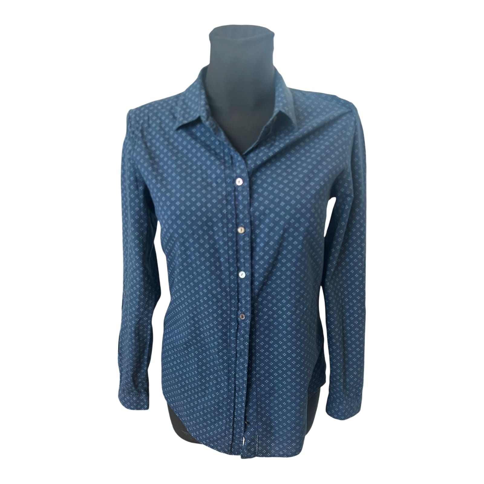 Esprit Damen Bluse Langarm Krempelärmel Gr 36 Blau Gemustert Frühling Sommer