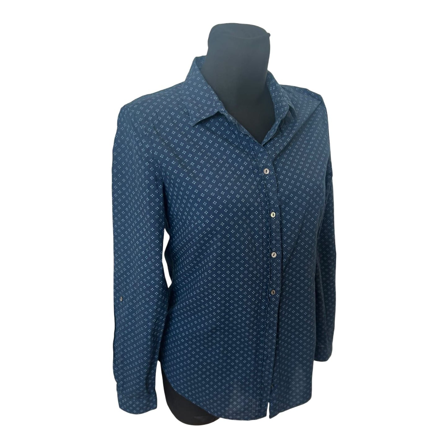 Esprit Damen Bluse Langarm Krempelärmel Gr 36 Blau Gemustert Frühling Sommer