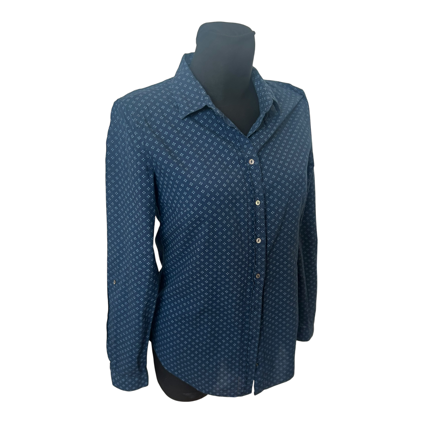 Esprit Damen Bluse Langarm Krempelärmel Gr 36 Blau Gemustert Frühling Sommer