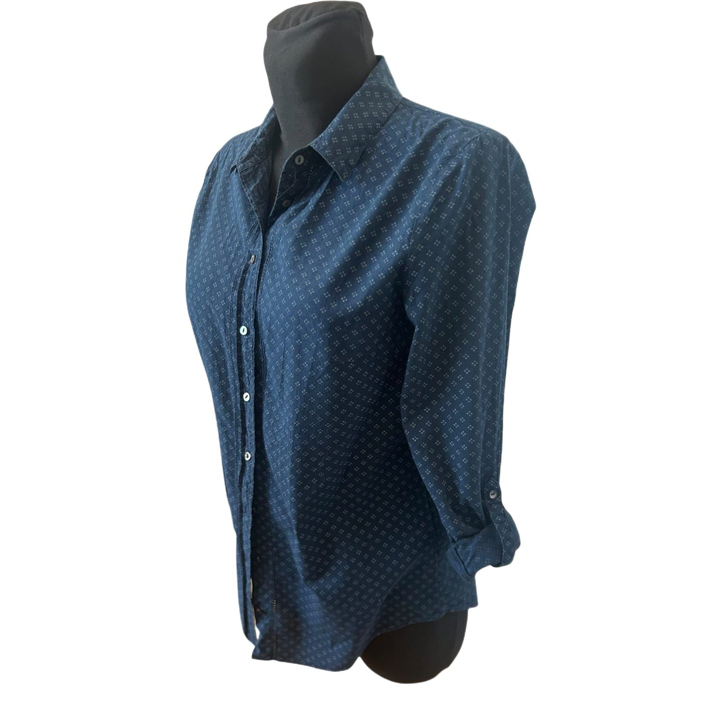 Esprit Damen Bluse Langarm Krempelärmel Gr 36 Blau Gemustert Frühling Sommer