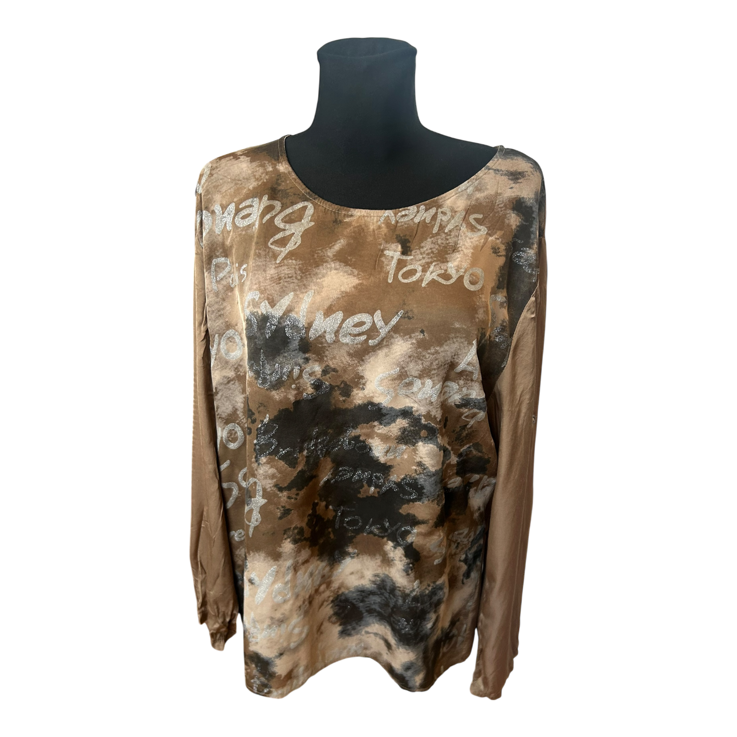 Made in Italy Damen Langbluse XL Muster Rundhals Krempelärmel