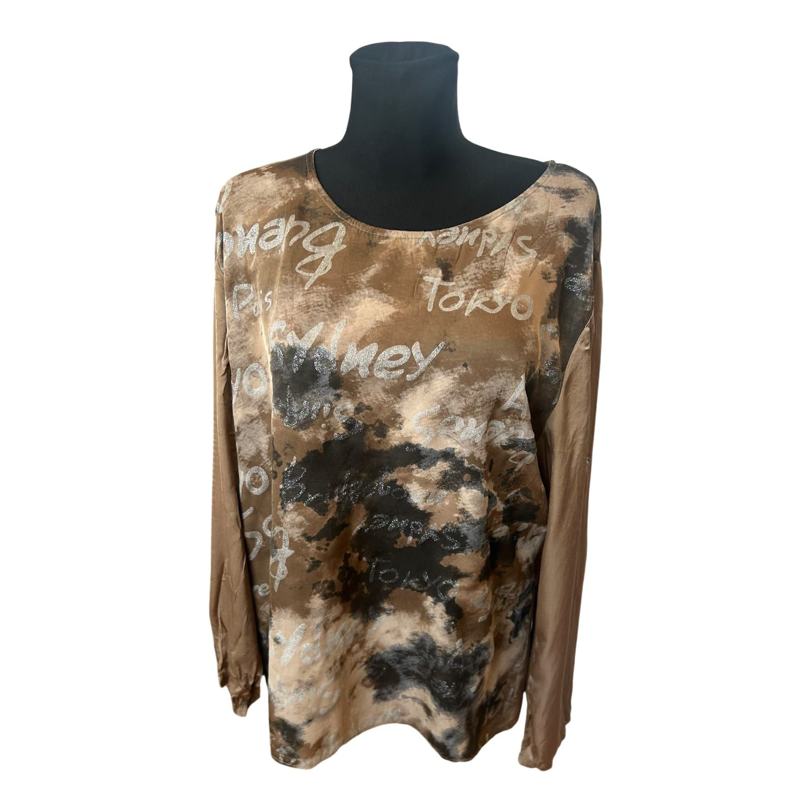 Made in Italy Damen Langbluse XL Muster Rundhals Krempelärmel