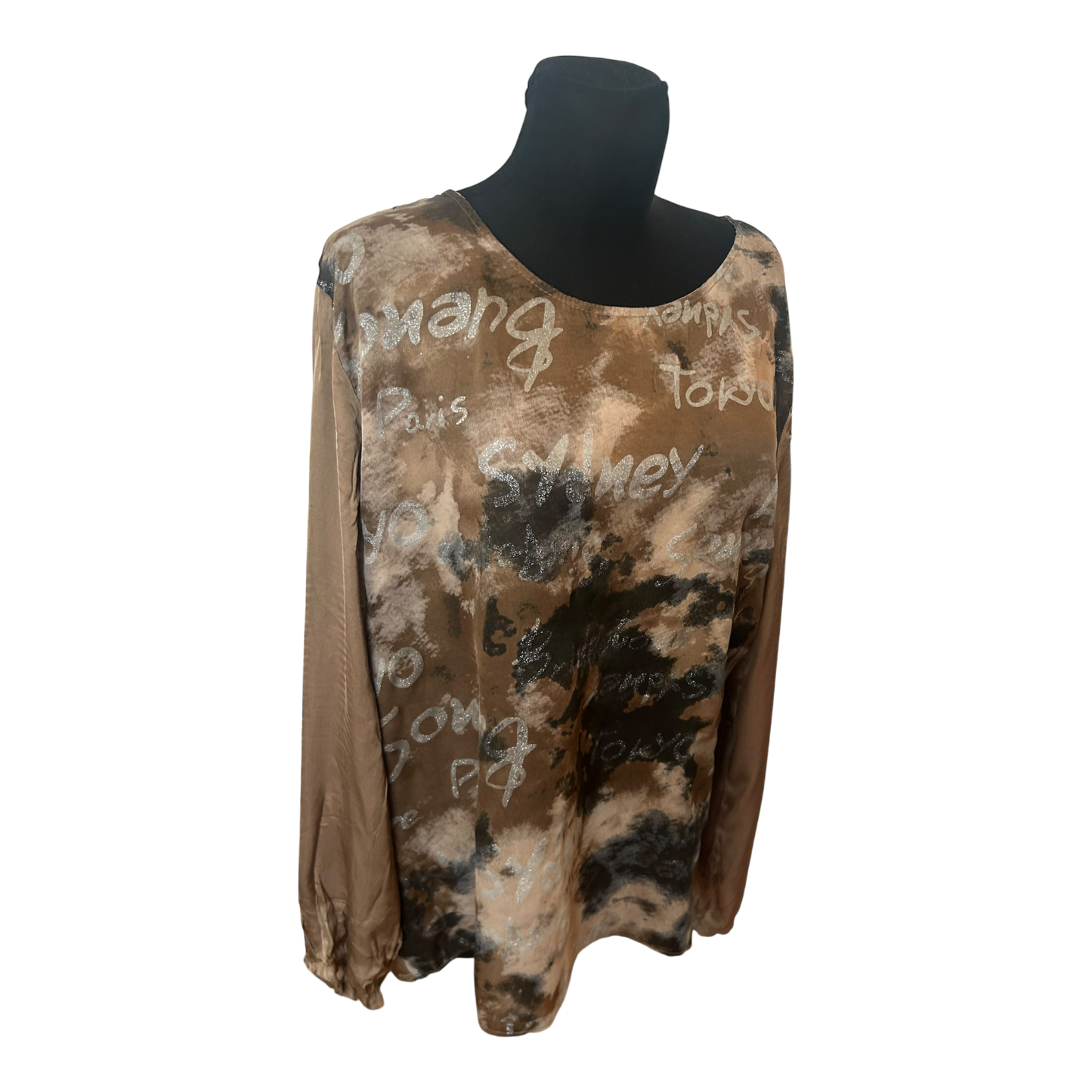 Made in Italy Damen Langbluse XL Muster Rundhals Krempelärmel