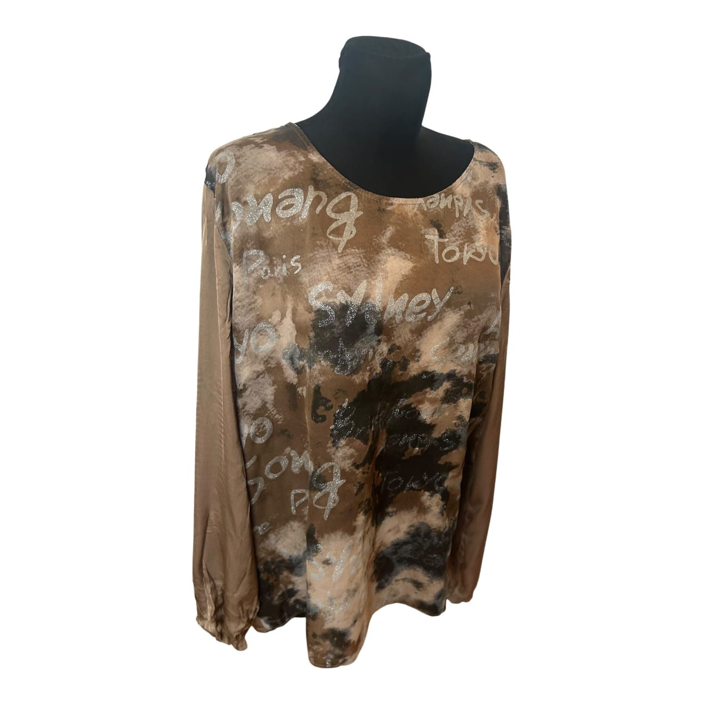 Made in Italy Damen Langbluse XL Muster Rundhals Krempelärmel
