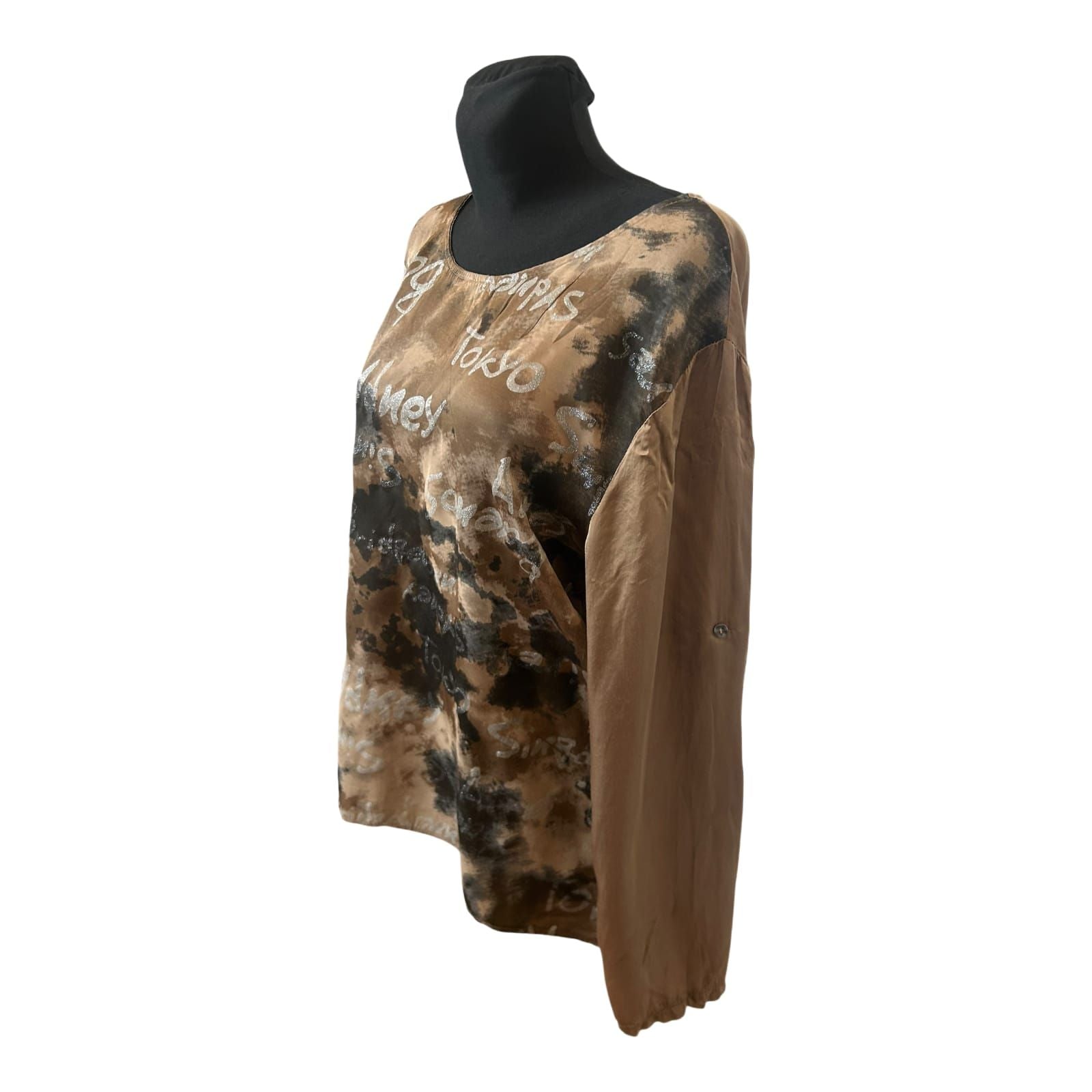Made in Italy Damen Langbluse XL Muster Rundhals Krempelärmel