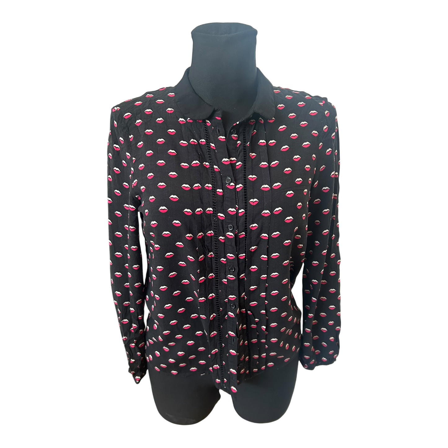 NAF NAF Damen Langarmbluse Lippenmuster Kragen Knopfleiste Größe 38
