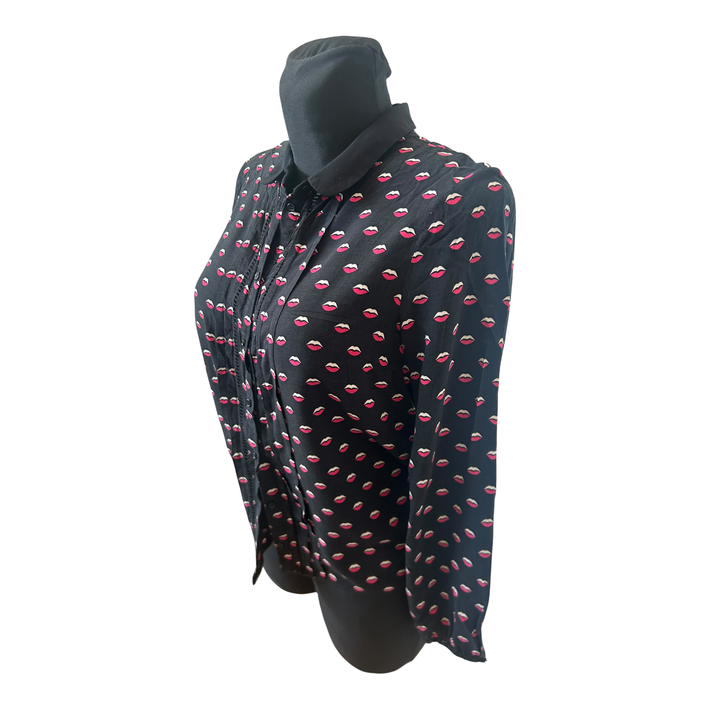 NAF NAF Damen Langarmbluse Lippenmuster Kragen Knopfleiste Größe 38