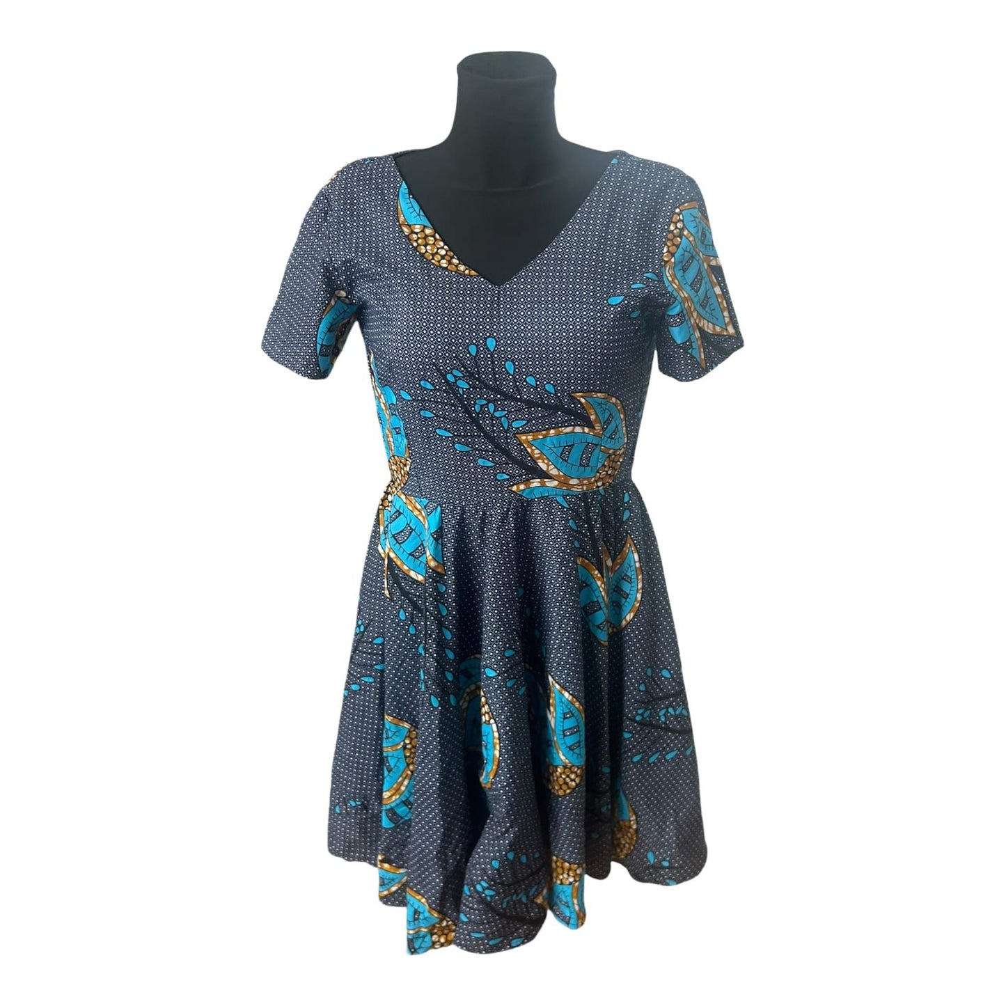Second Hand Liebe Damenkleid Größe XXS Blau Muster Kurzarm A Linie Midi