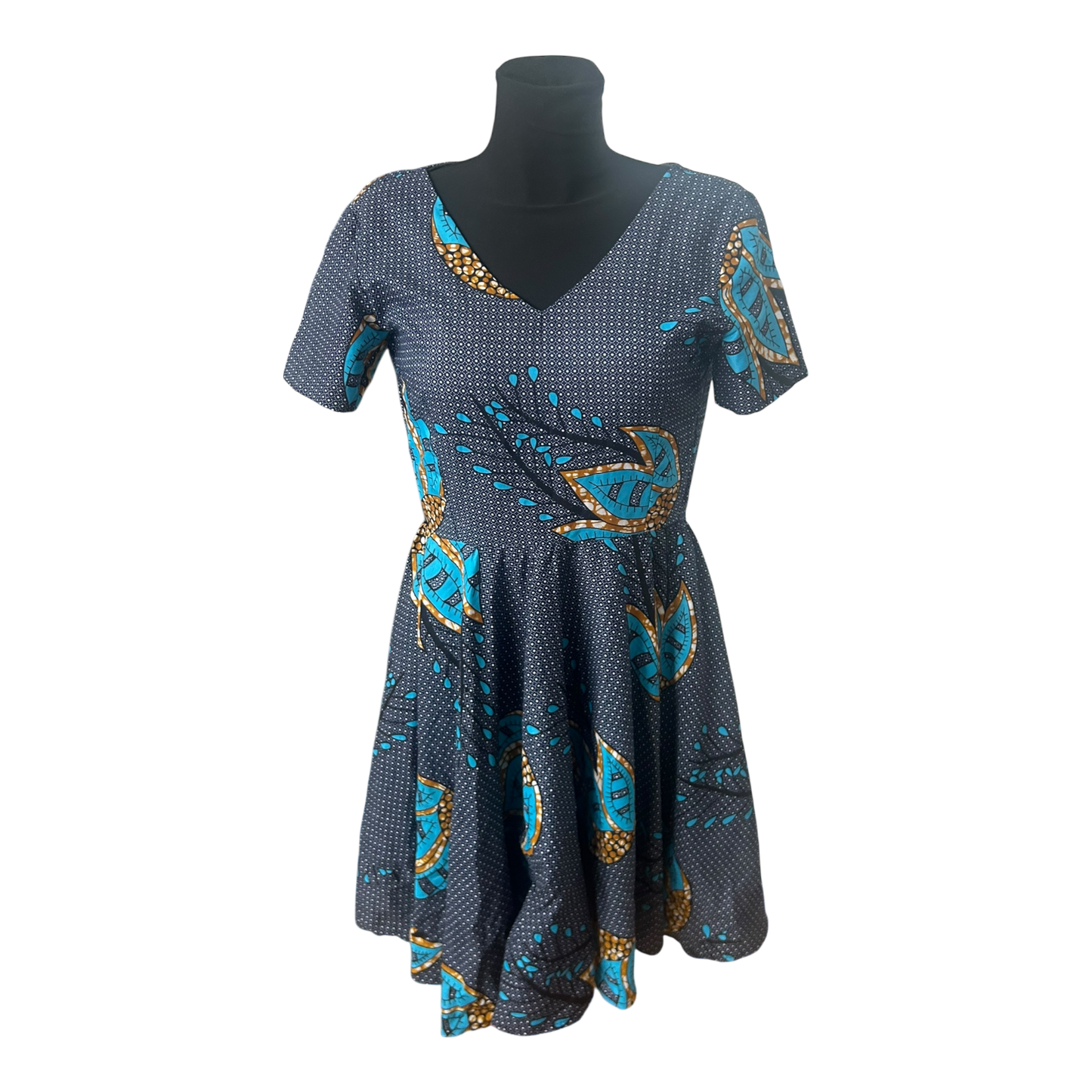 Second Hand Liebe Damenkleid Größe XXS Blau Muster Kurzarm A Linie Midi