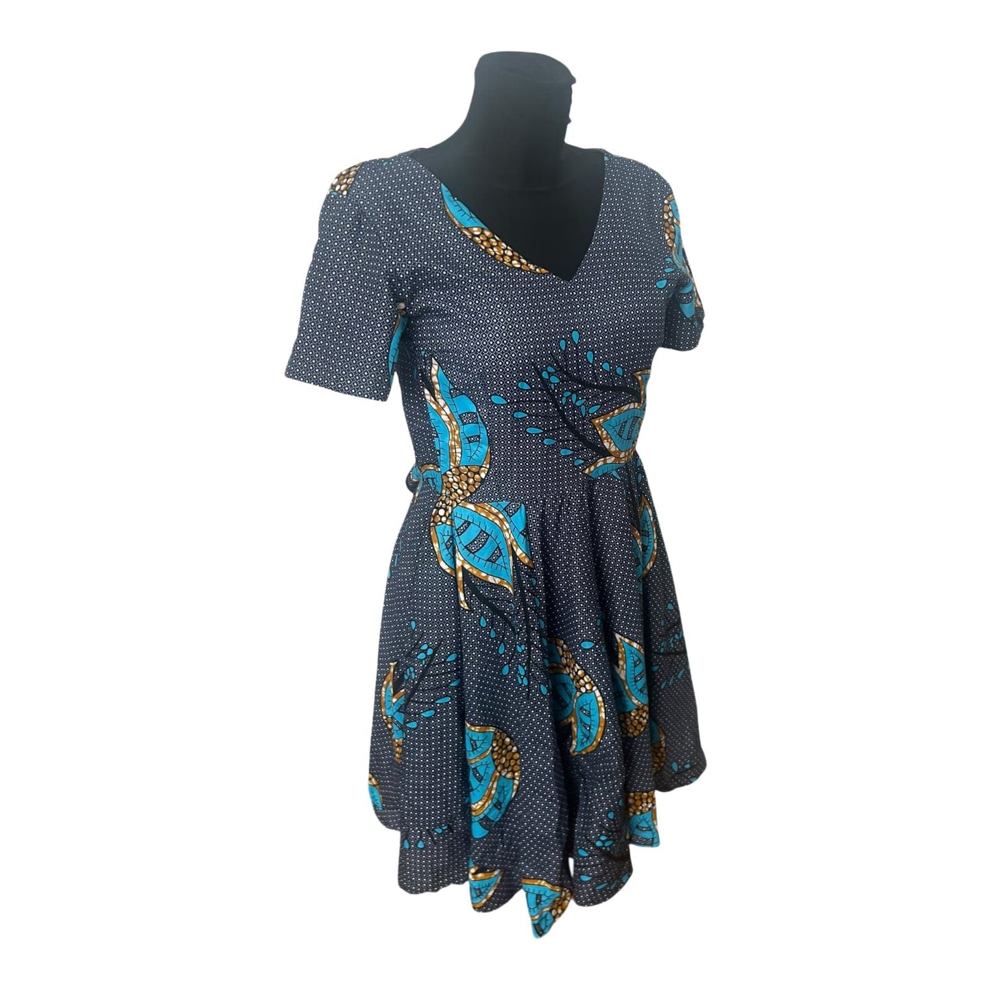 Second Hand Liebe Damenkleid Größe XXS Blau Muster Kurzarm A Linie Midi