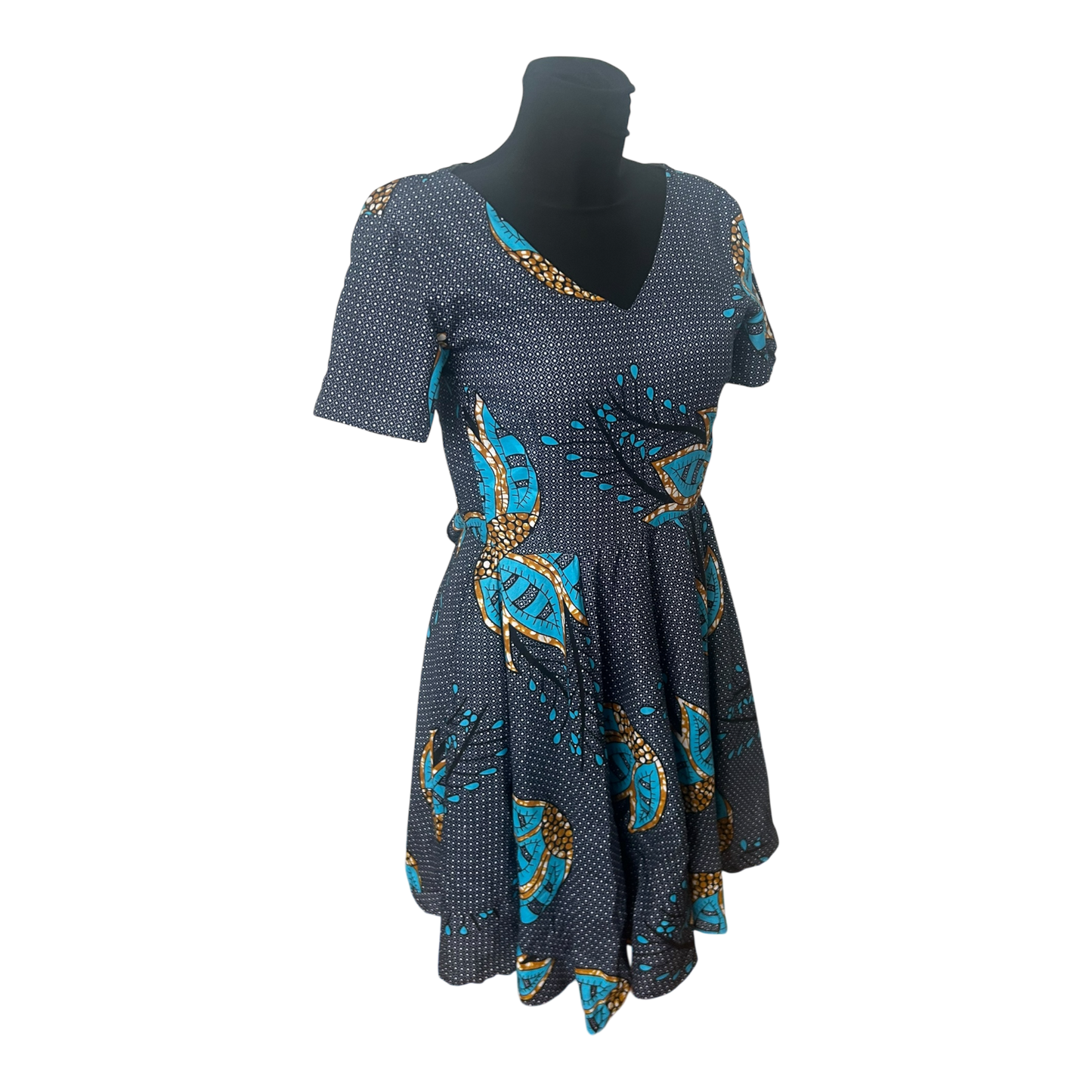 Second Hand Liebe Damenkleid Größe XXS Blau Muster Kurzarm A Linie Midi