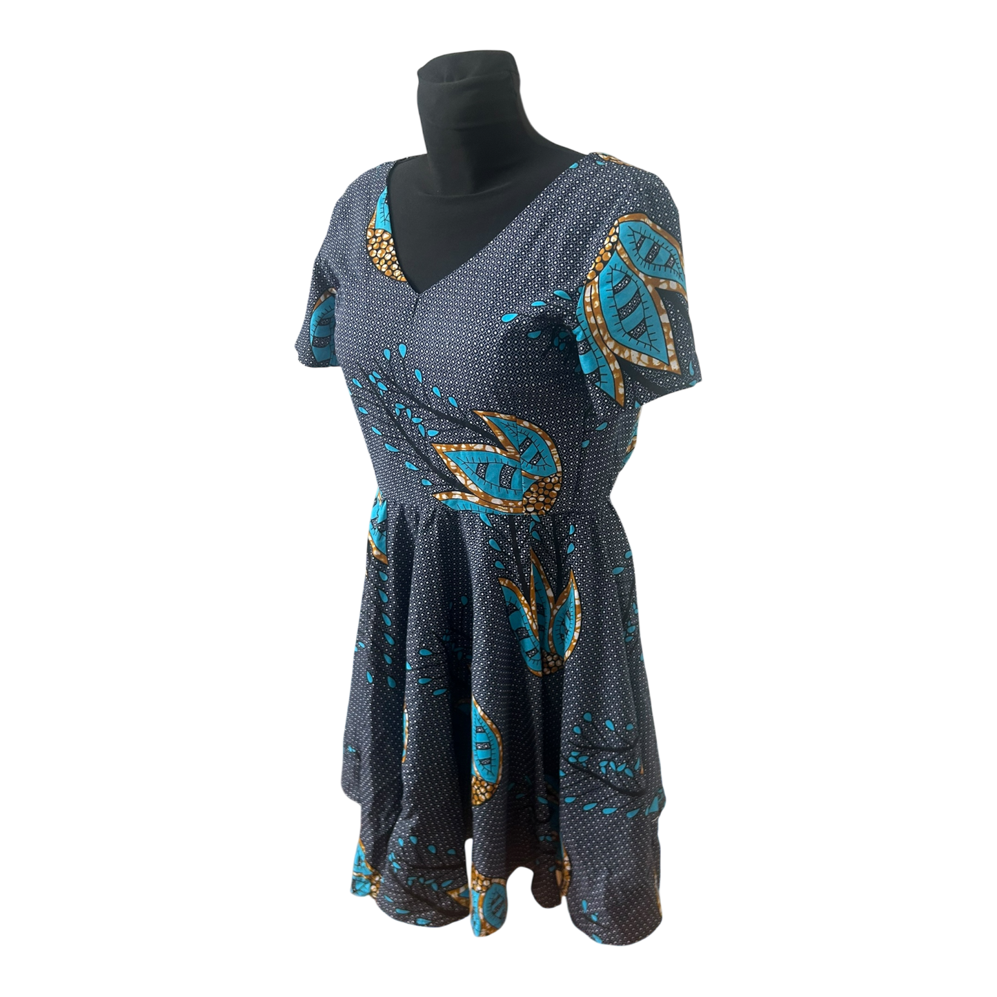 Second Hand Liebe Damenkleid Größe XXS Blau Muster Kurzarm A Linie Midi