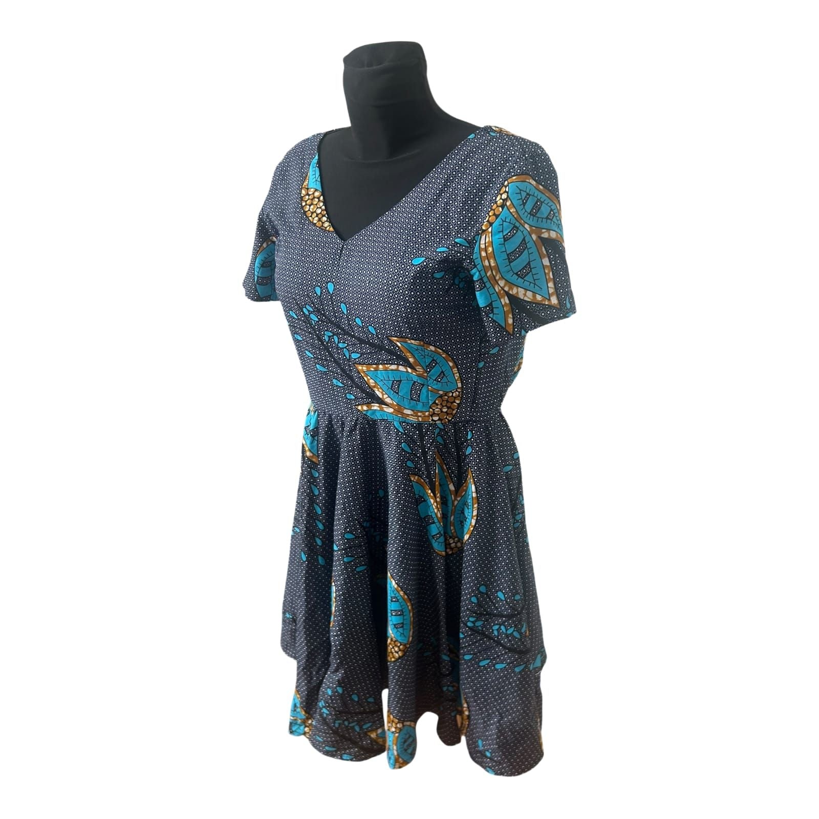 Second Hand Liebe Damenkleid Größe XXS Blau Muster Kurzarm A Linie Midi