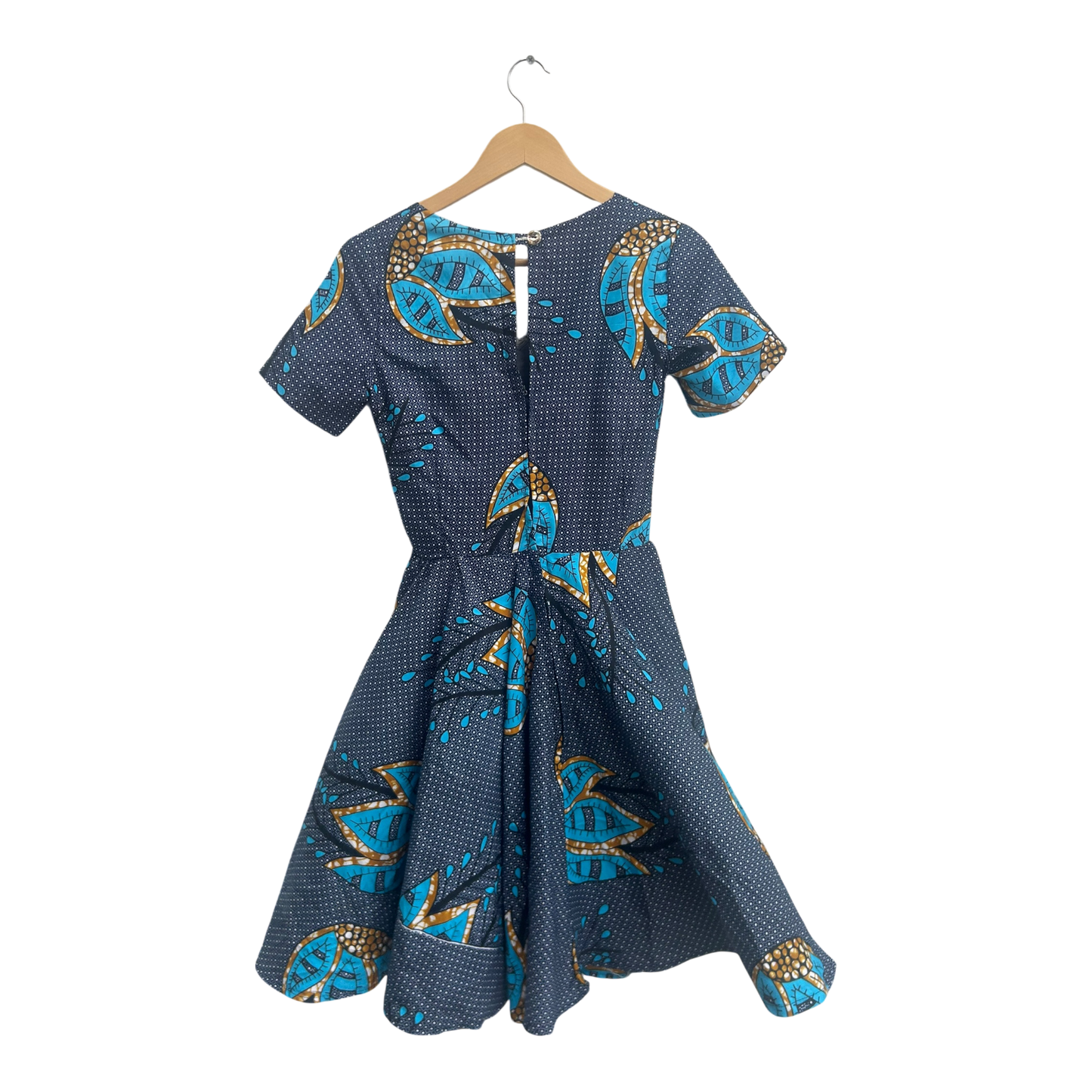 Second Hand Liebe Damenkleid Größe XXS Blau Muster Kurzarm A Linie Midi