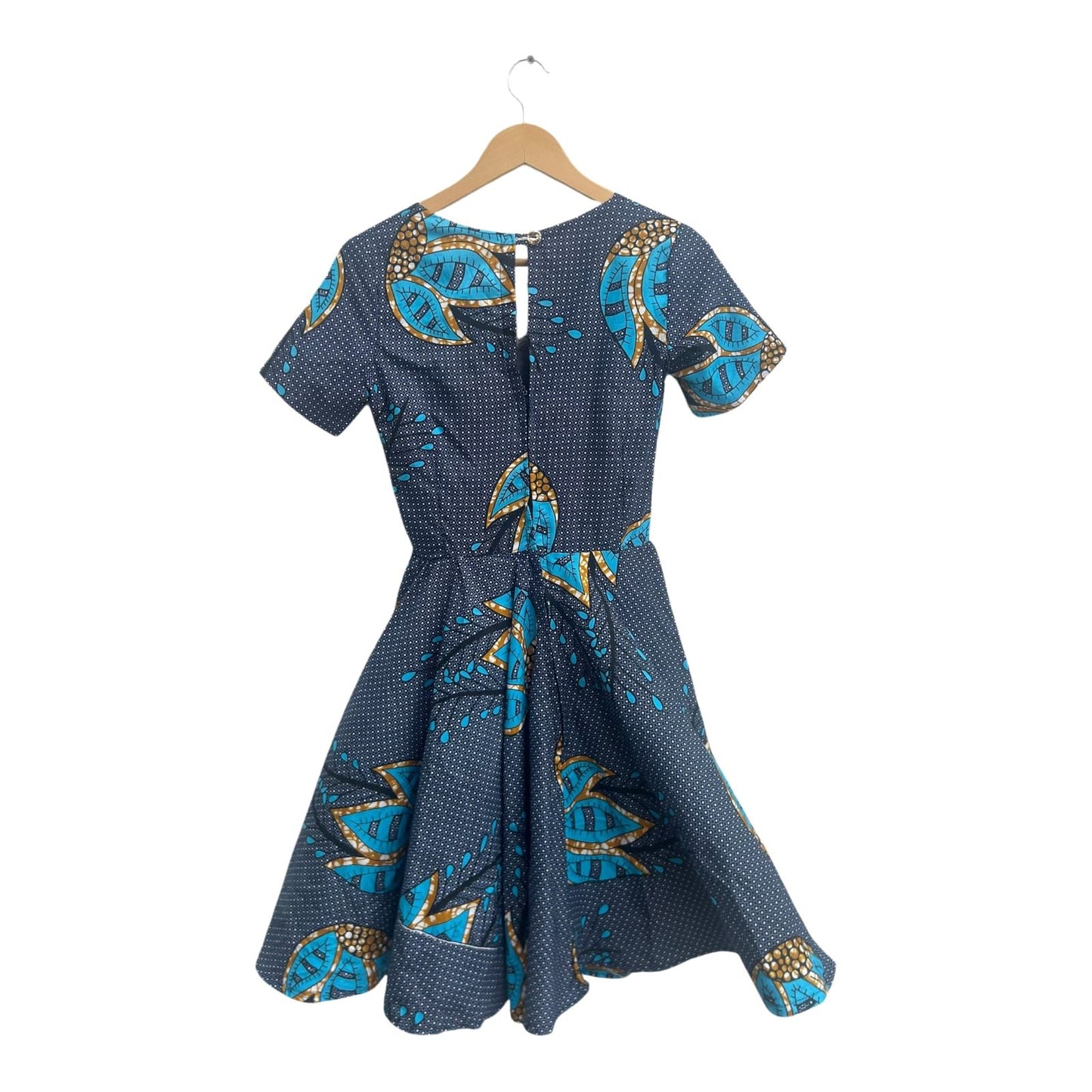 Second Hand Liebe Damenkleid Größe XXS Blau Muster Kurzarm A Linie Midi