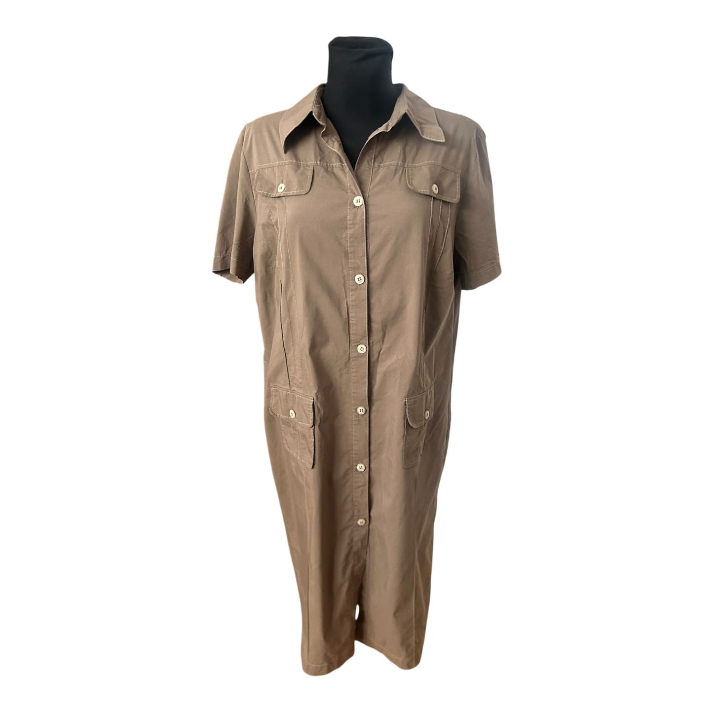 Laura Kent Damenkleid Größe 44 Oliv Kurzarm Knopfleiste Baumwollmix Midi