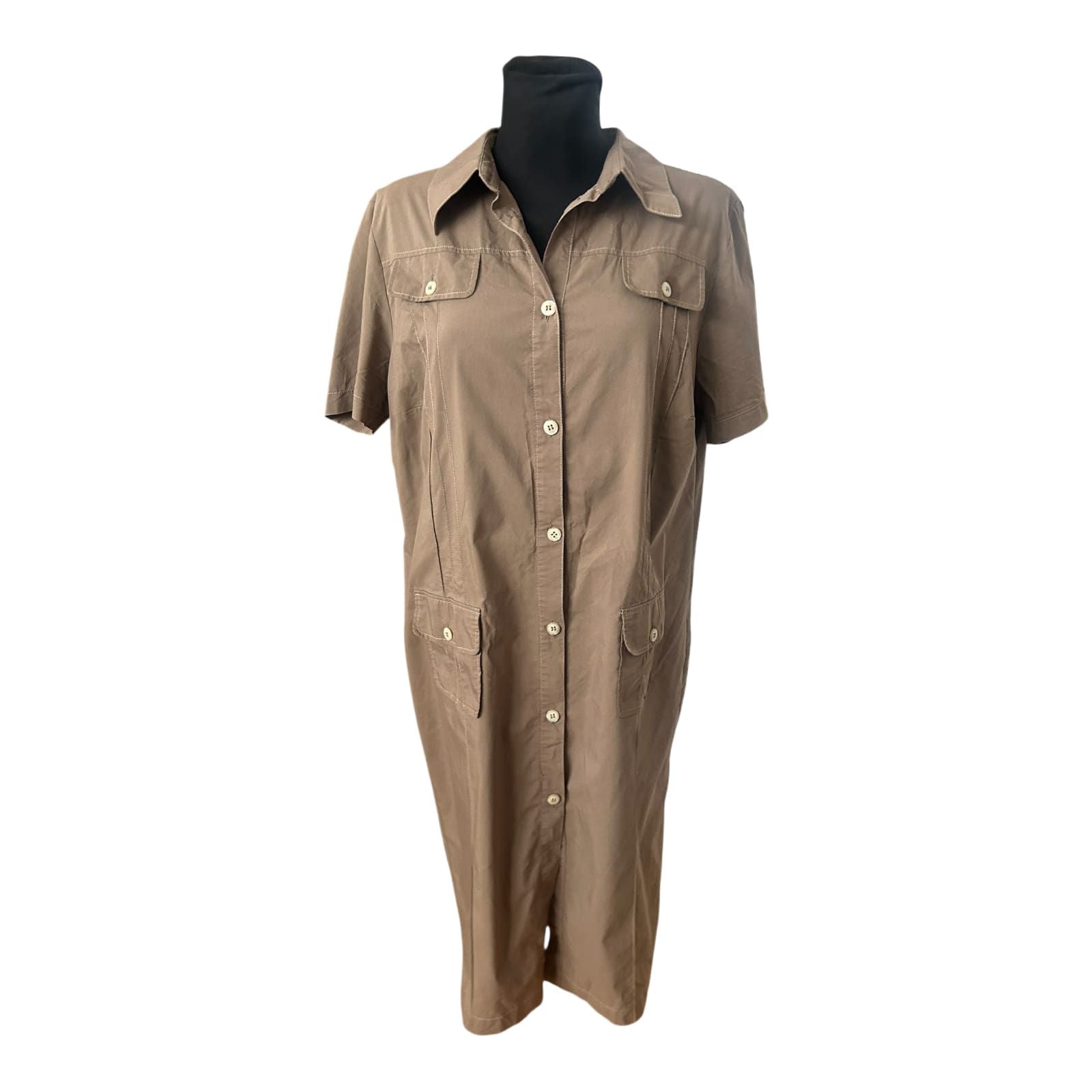 Laura Kent Damenkleid Größe 44 Oliv Kurzarm Knopfleiste Baumwollmix Midi