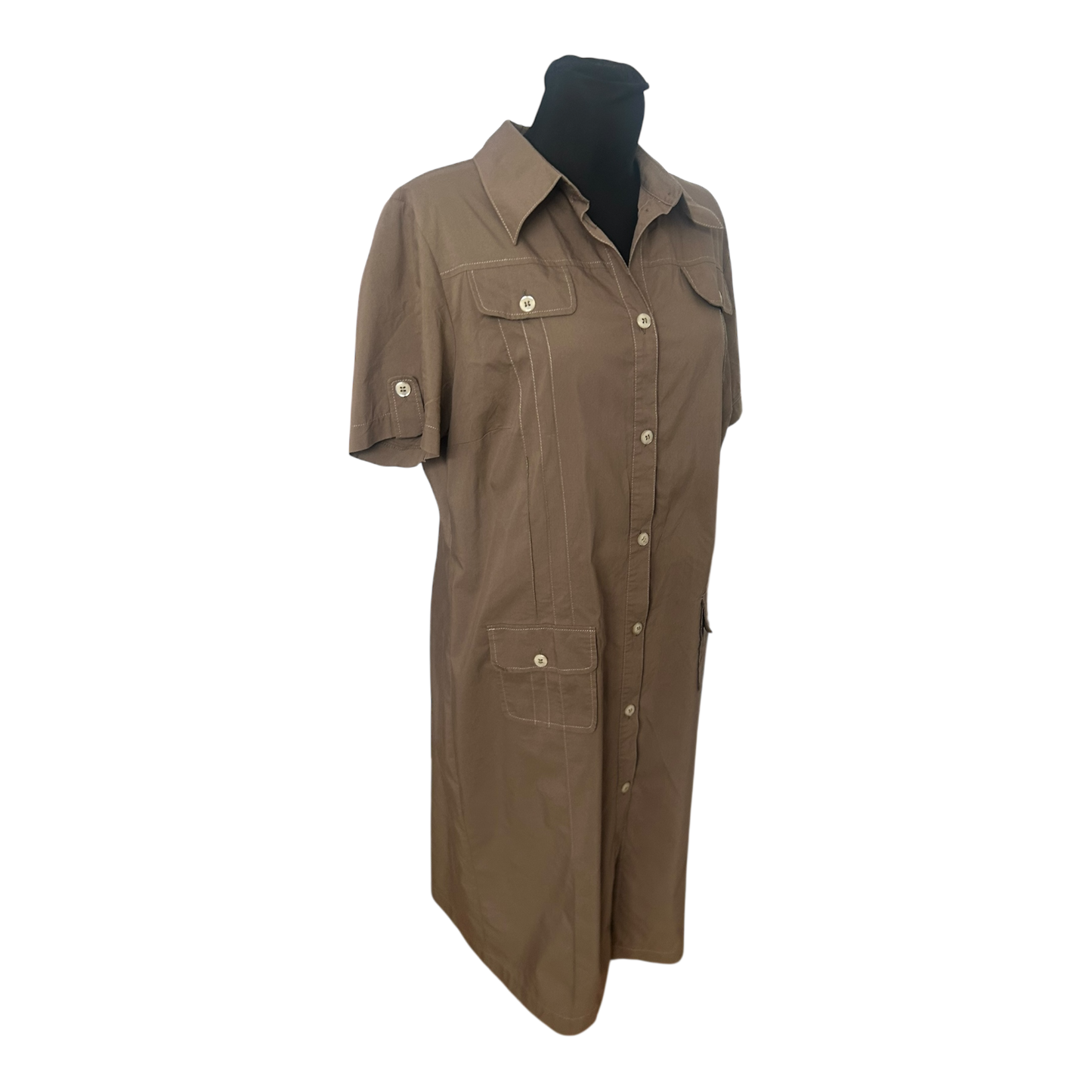 Laura Kent Damenkleid Größe 44 Oliv Kurzarm Knopfleiste Baumwollmix Midi