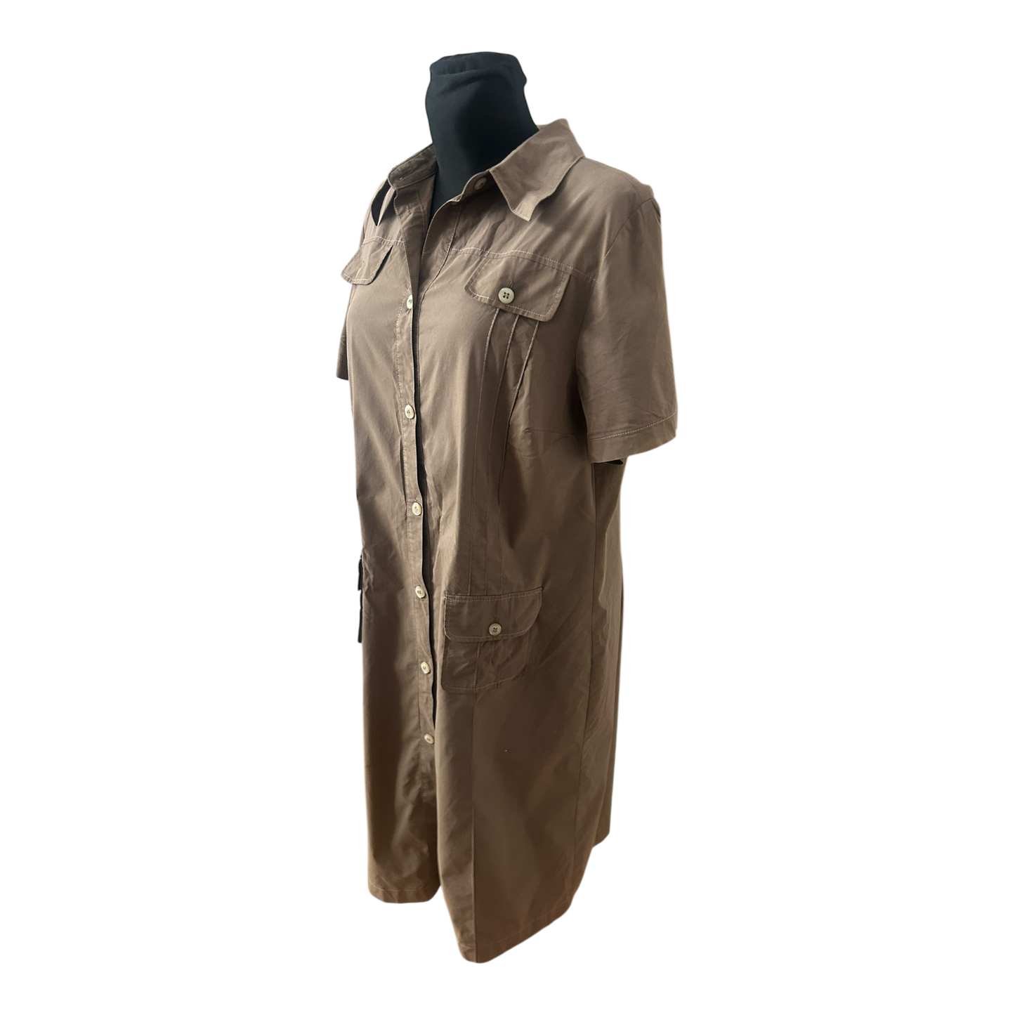 Laura Kent Damenkleid Größe 44 Oliv Kurzarm Knopfleiste Baumwollmix Midi