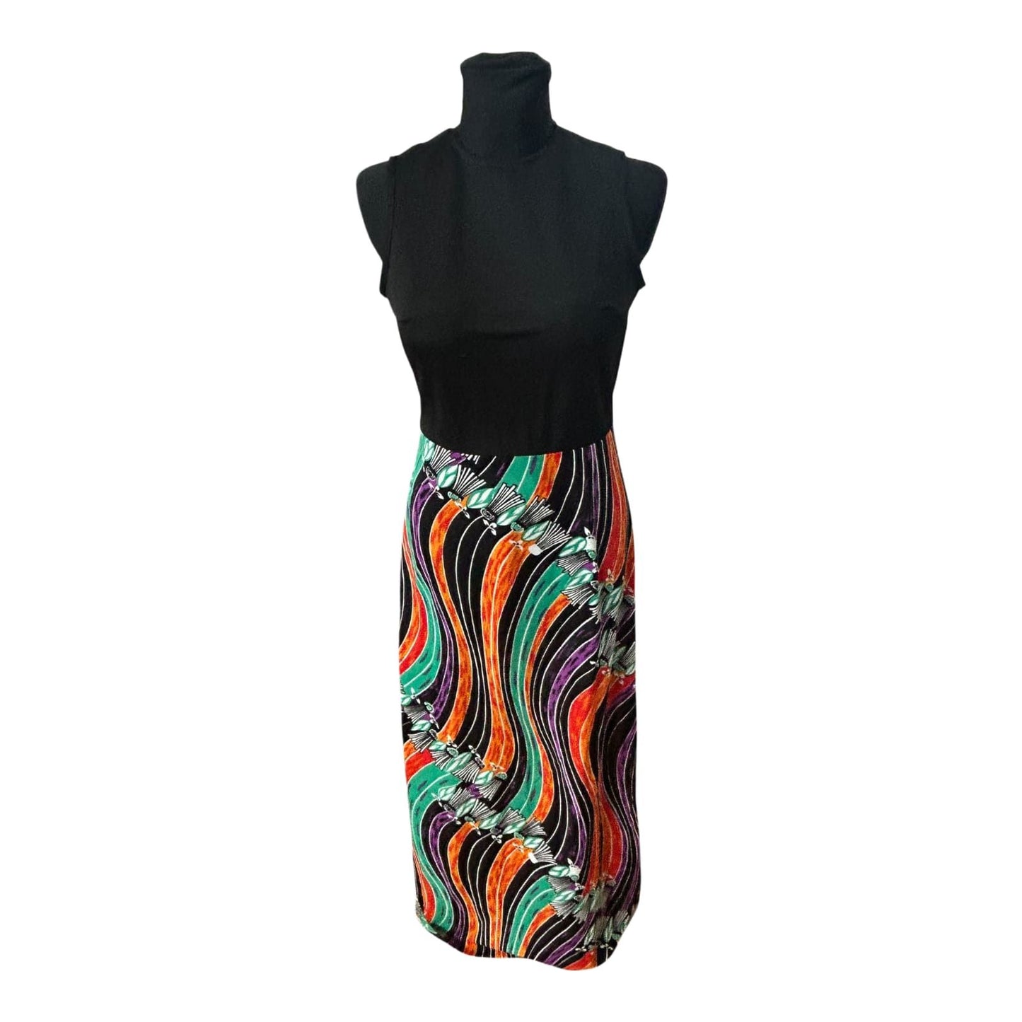 Trevira 2000 Damenkleid Größe 38 Schwarz Bunt Muster Ärmellos Maxi Vintage