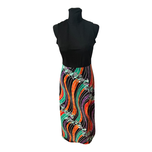 Trevira 2000 Damenkleid Größe 38 Schwarz Bunt Muster Ärmellos Maxi Vintage