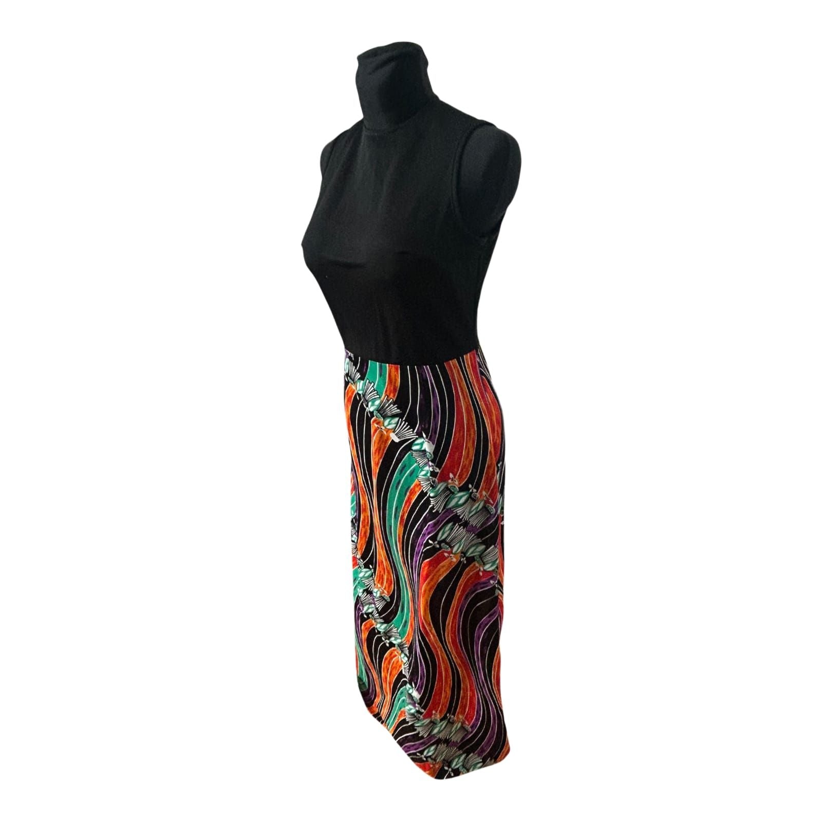 Trevira 2000 Damenkleid Größe 38 Schwarz Bunt Muster Ärmellos Maxi Vintage