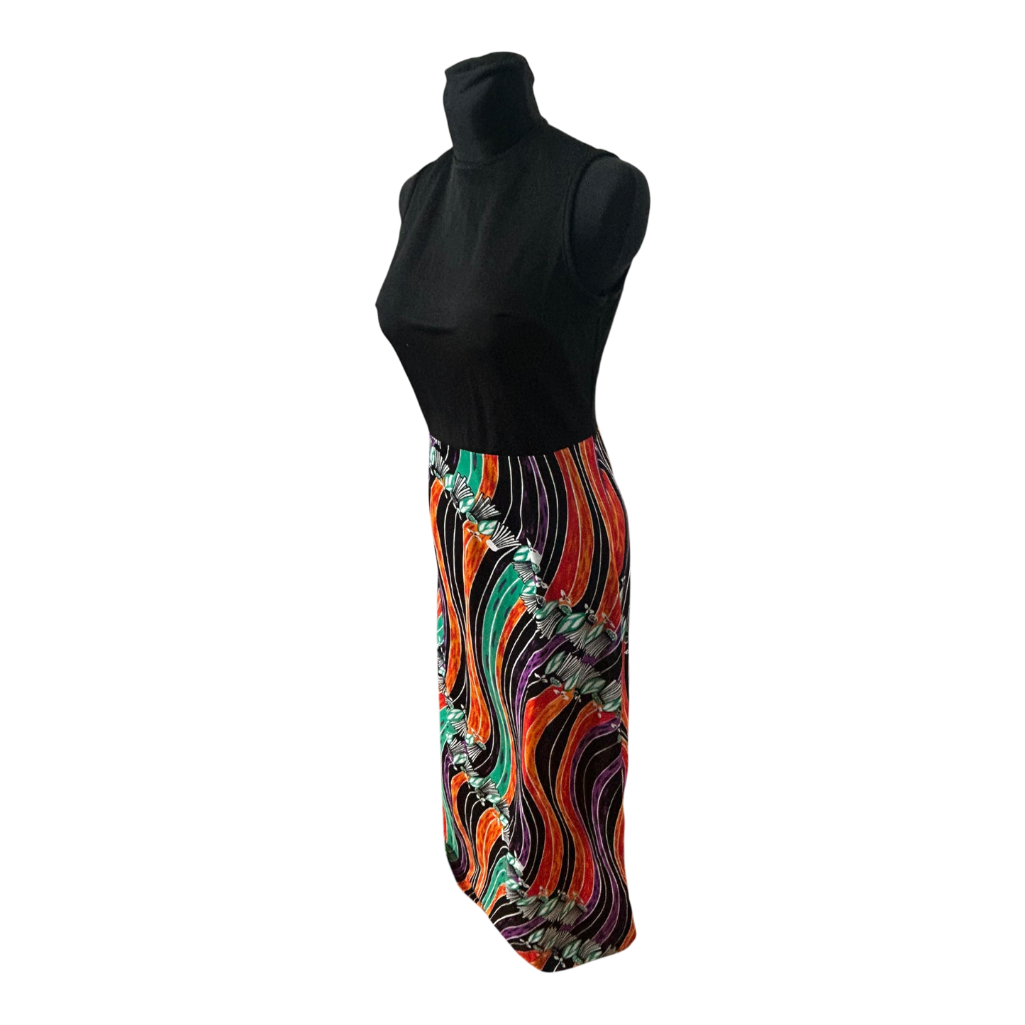 Trevira 2000 Damenkleid Größe 38 Schwarz Bunt Muster Ärmellos Maxi Vintage