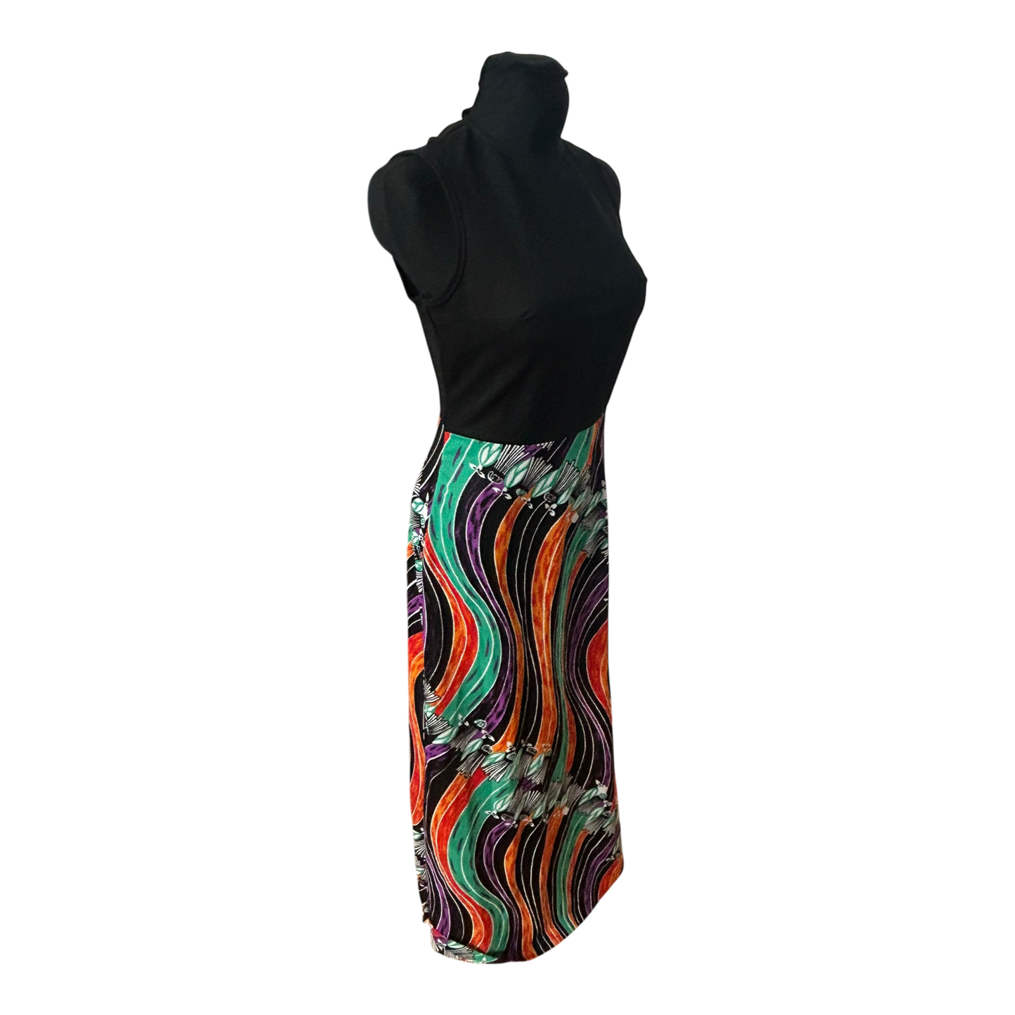 Trevira 2000 Damenkleid Größe 38 Schwarz Bunt Muster Ärmellos Maxi Vintage