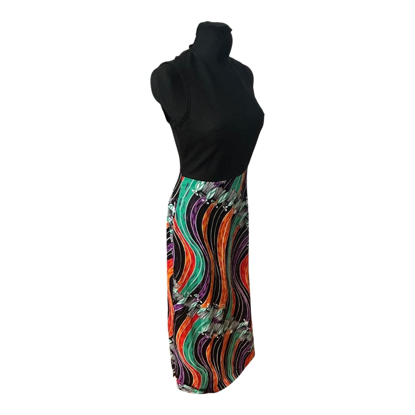 Trevira 2000 Damenkleid Größe 38 Schwarz Bunt Muster Ärmellos Maxi Vintage