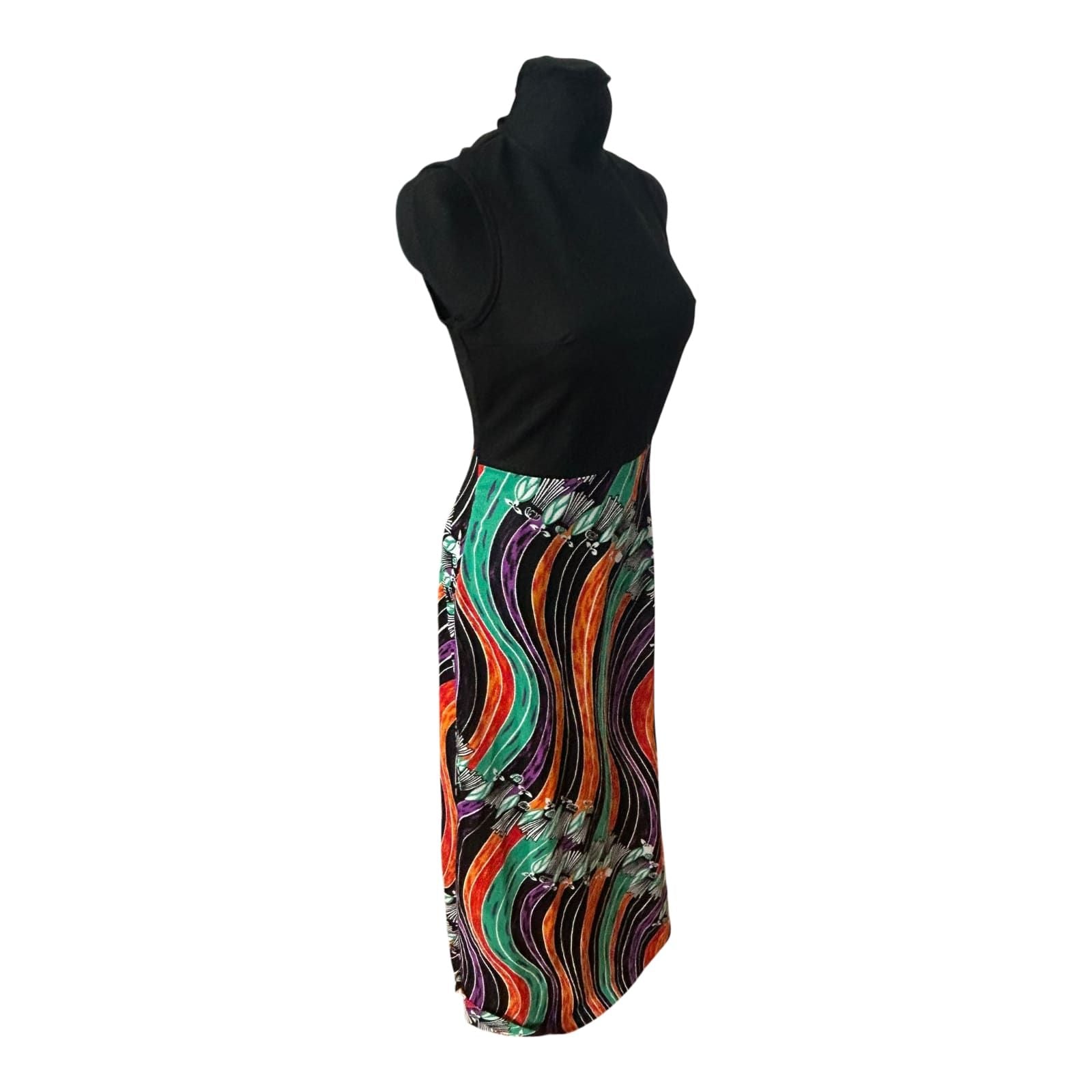 Trevira 2000 Damenkleid Größe 38 Schwarz Bunt Muster Ärmellos Maxi Vintage