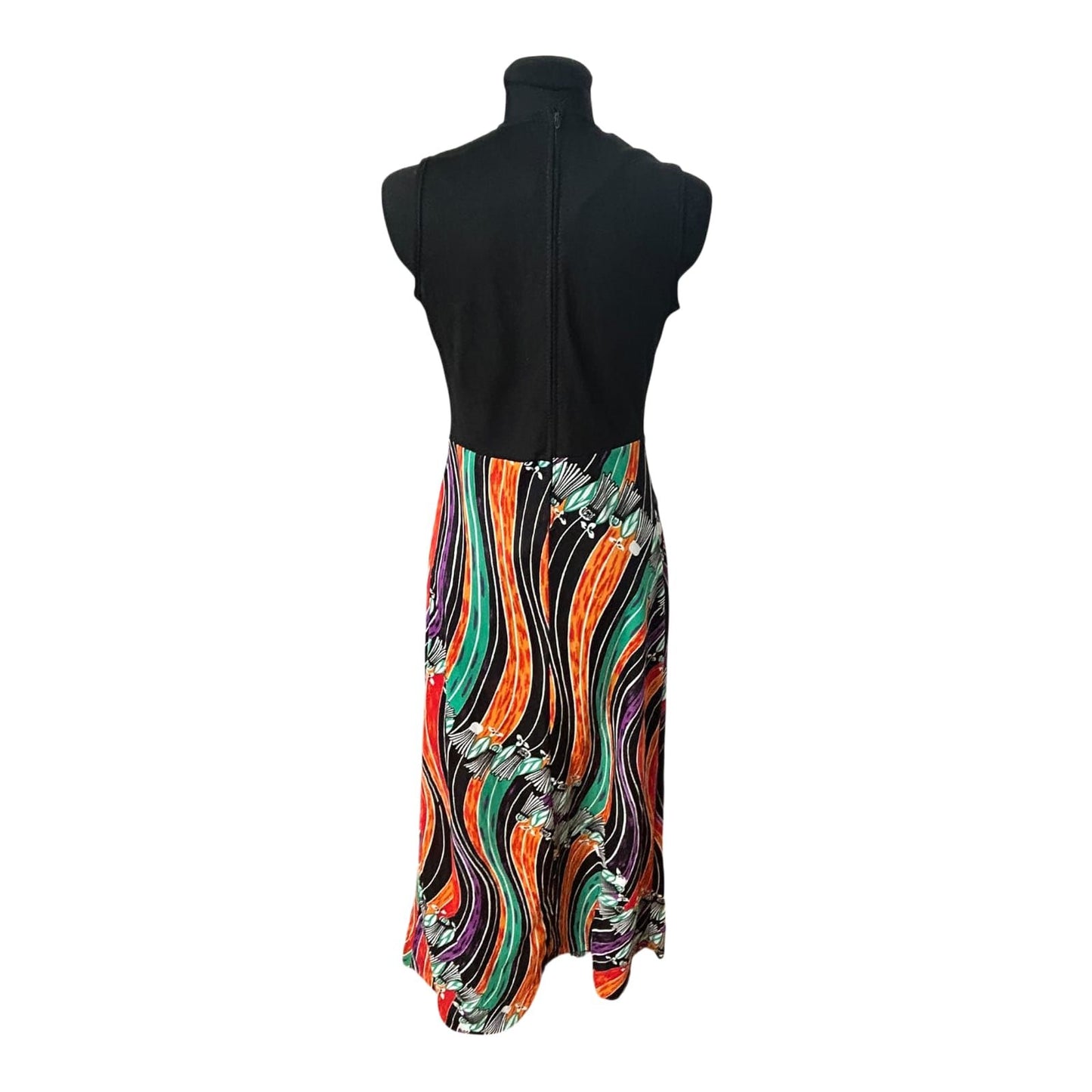 Trevira 2000 Damenkleid Größe 38 Schwarz Bunt Muster Ärmellos Maxi Vintage