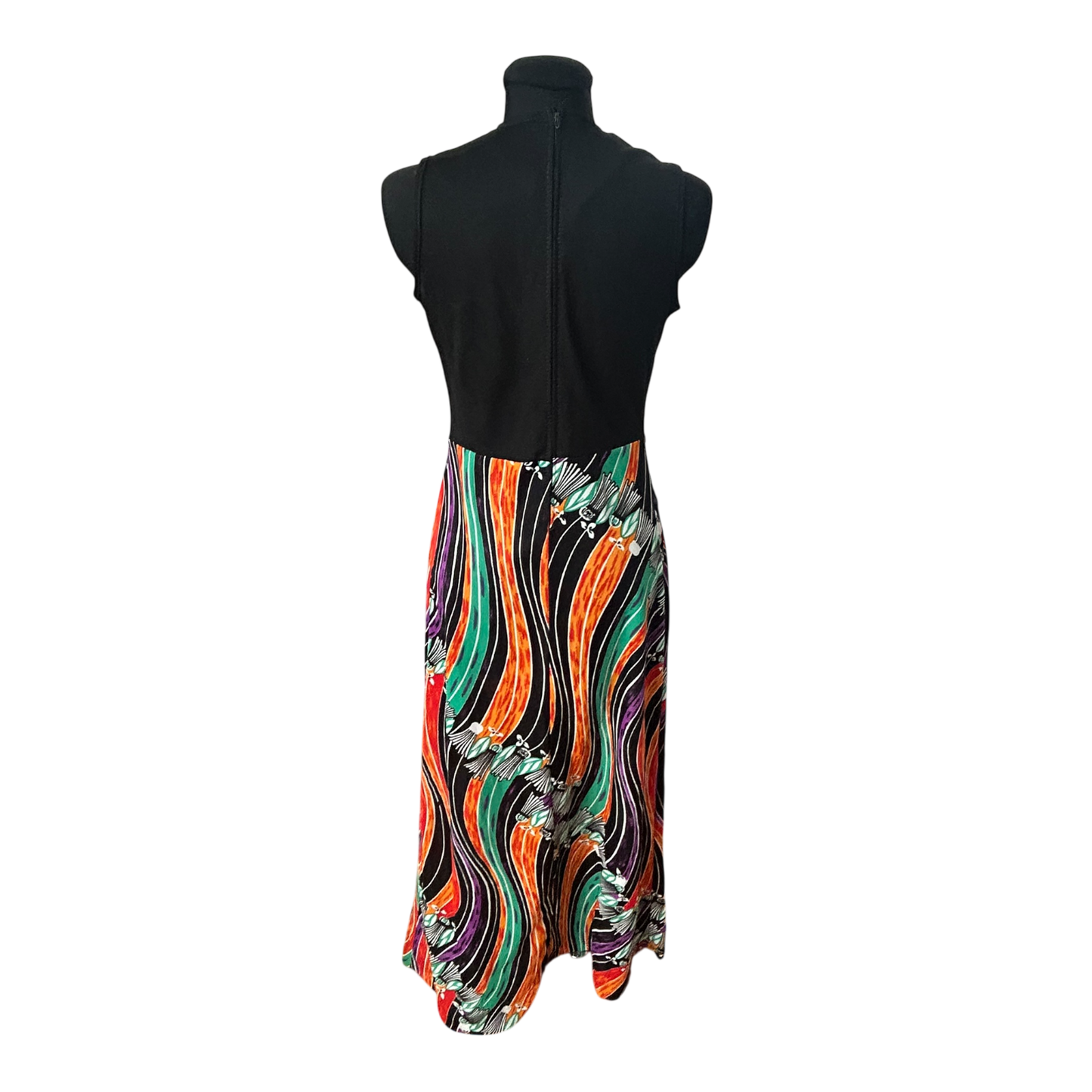 Trevira 2000 Damenkleid Größe 38 Schwarz Bunt Muster Ärmellos Maxi Vintage