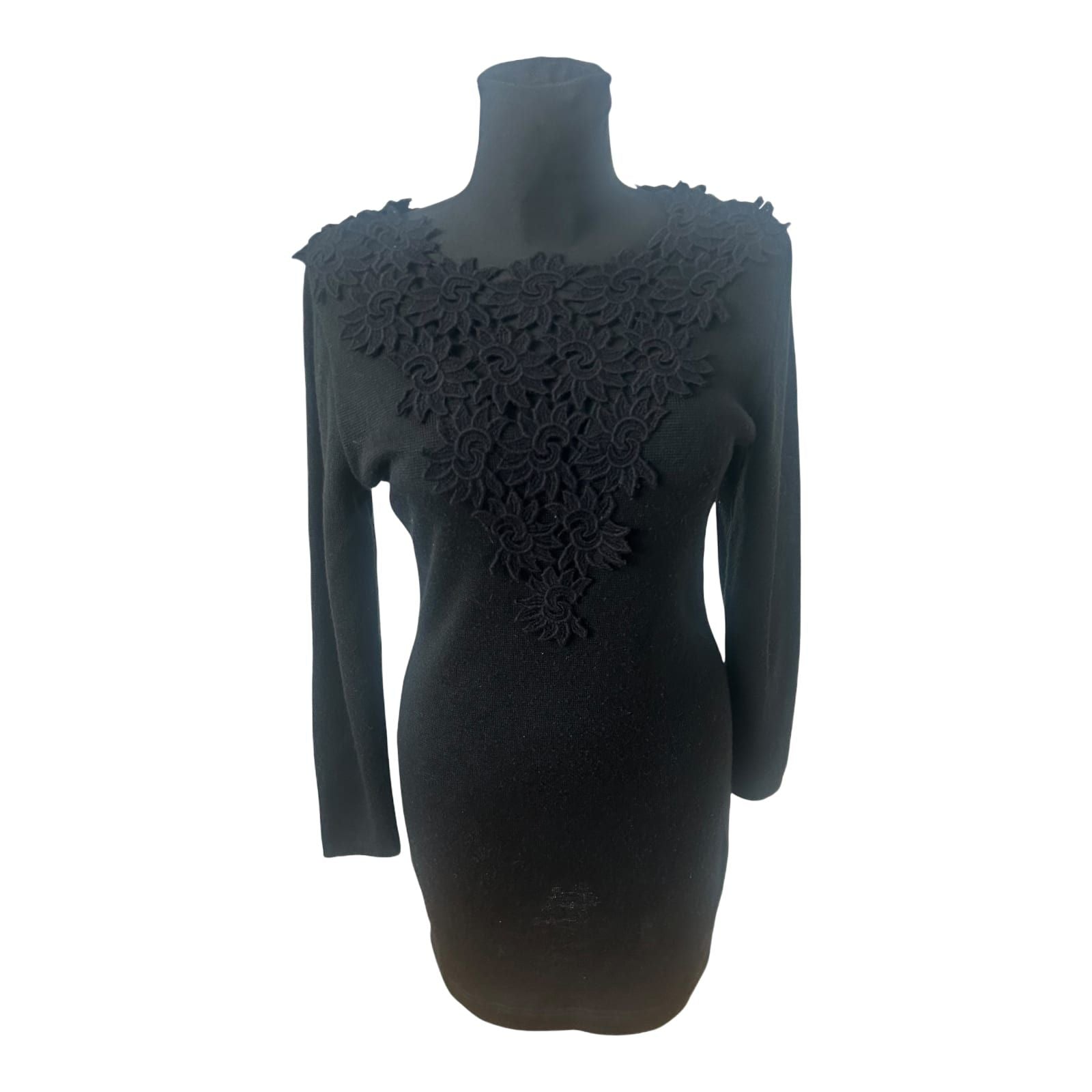 Le Panne di Lana Damenkleid Größe 38 Spitze Wolle Schwarz Langarm