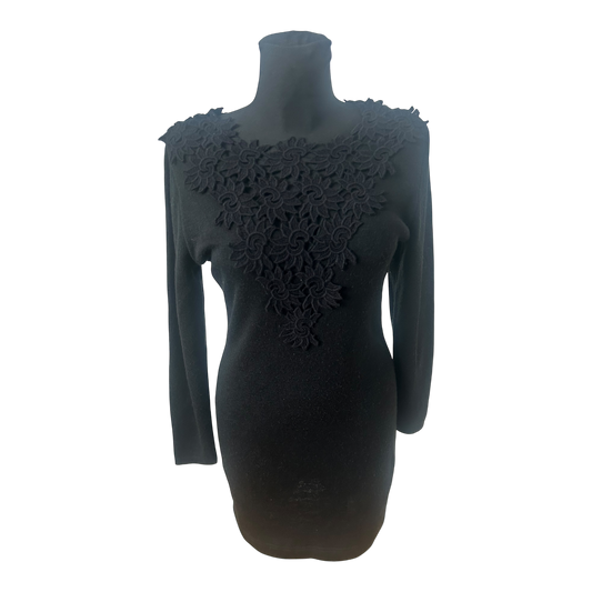 Le Panne di Lana Damenkleid Größe 38 Spitze Wolle Schwarz Langarm