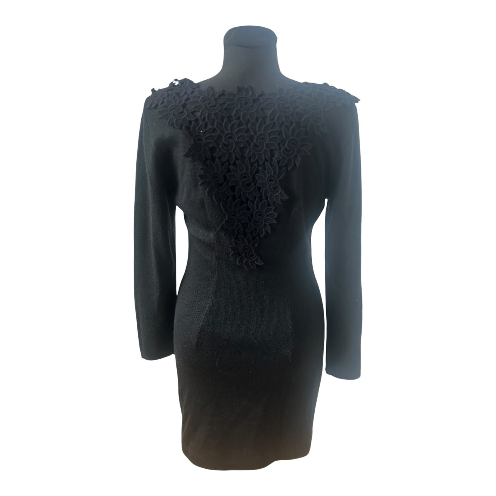 Le Panne di Lana Damenkleid Größe 38 Spitze Wolle Schwarz Langarm