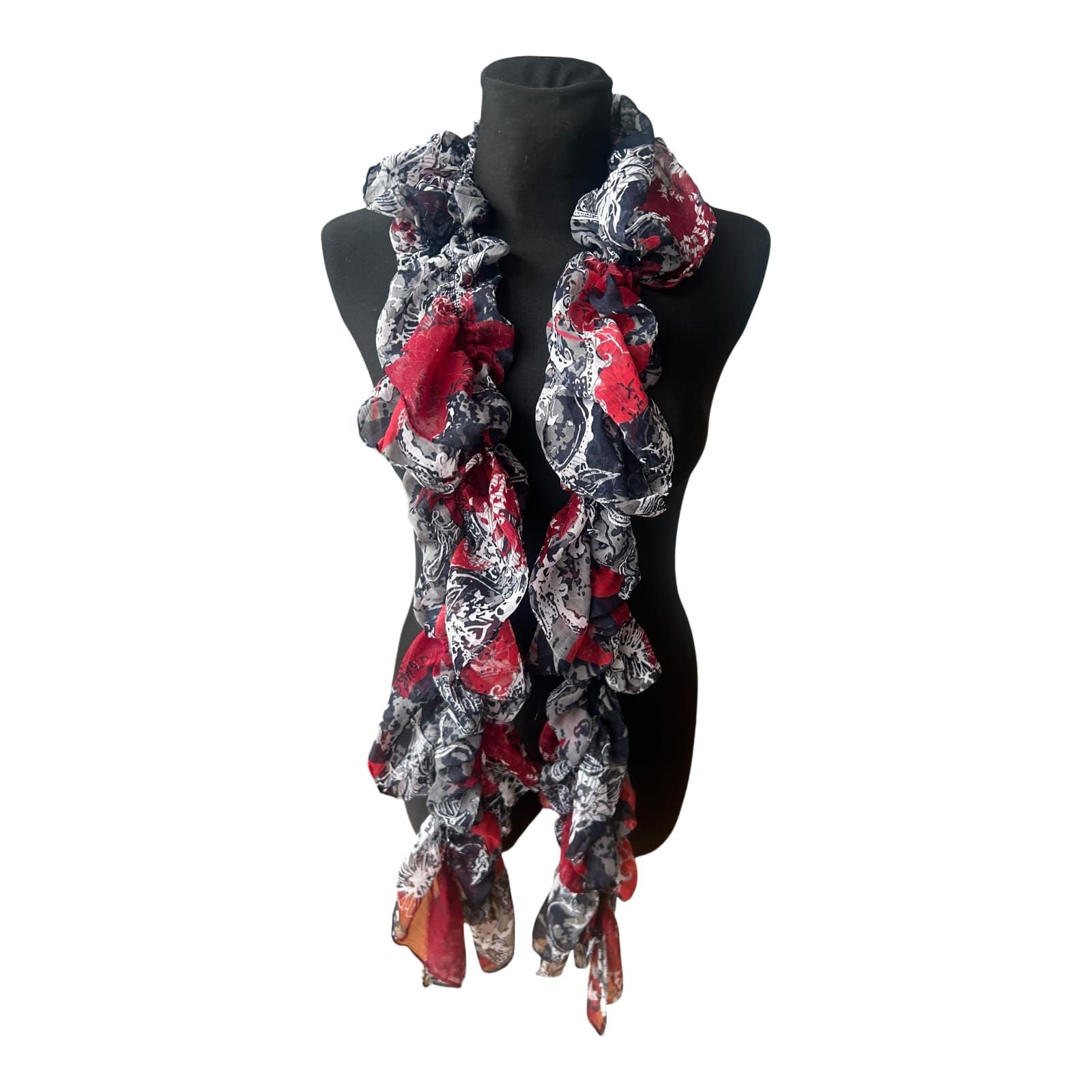 Schmaler Damen Schal mit Gummizug floral gemustert in Rot Grau Schwarz