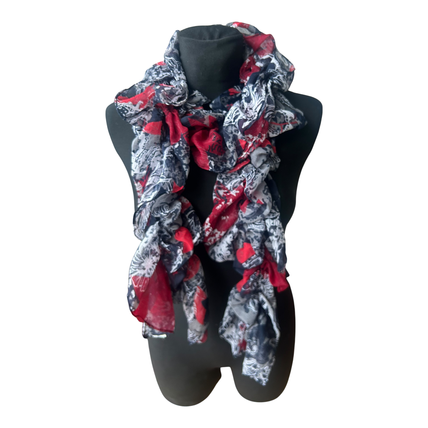 Schmaler Damen Schal mit Gummizug floral gemustert in Rot Grau Schwarz