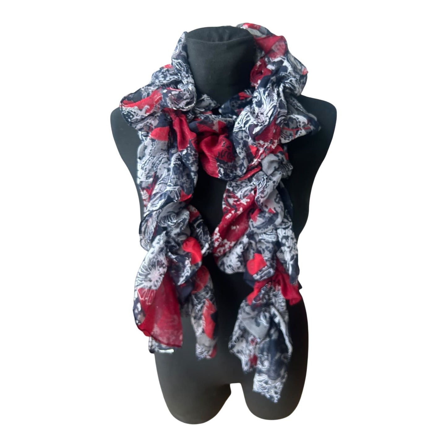 Schmaler Damen Schal mit Gummizug floral gemustert in Rot Grau Schwarz