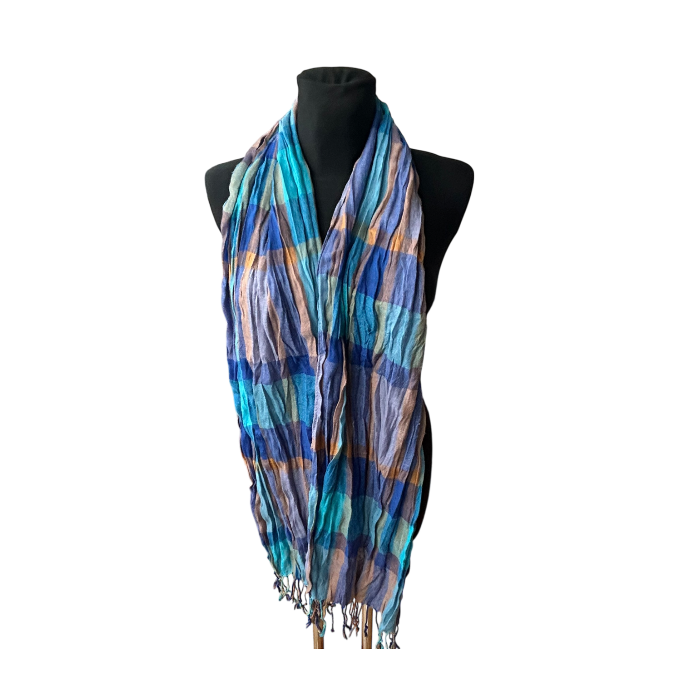 Damen Schal kariert blau türkis braun Knitteroptik weich mit Fransen