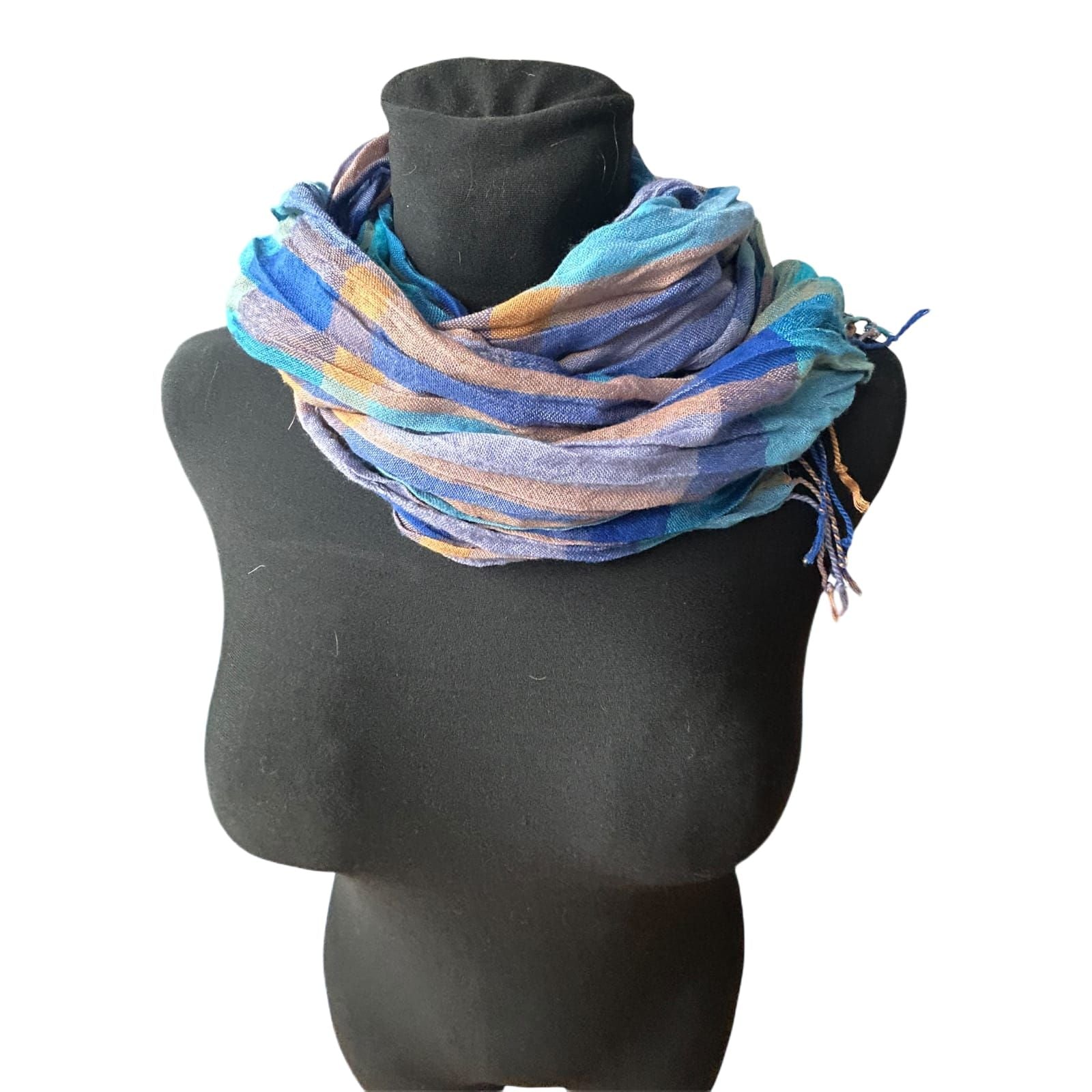 Damen Schal kariert blau türkis braun Knitteroptik weich mit Fransen