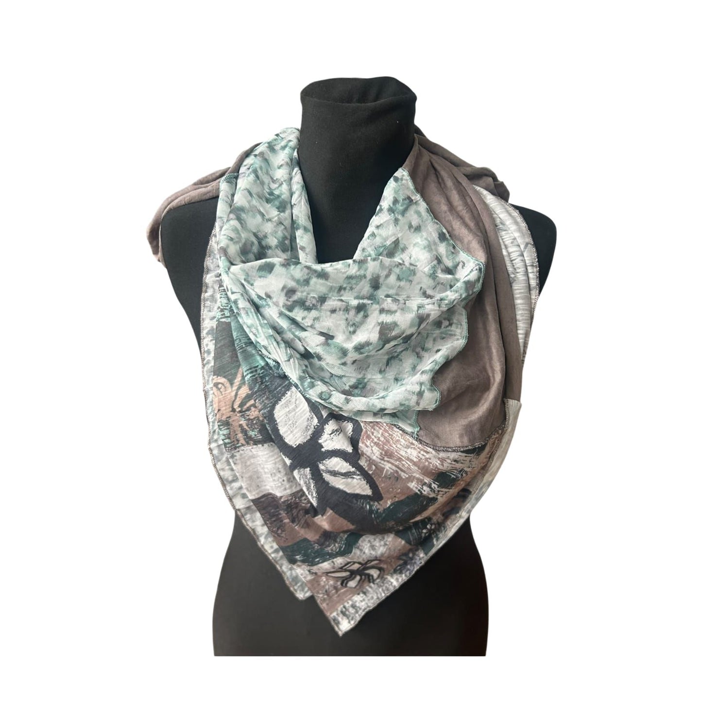 Biba Halstuch Damen Dreieck Tuch Patchwork Muster Grau Grün Chiffon Elegant
