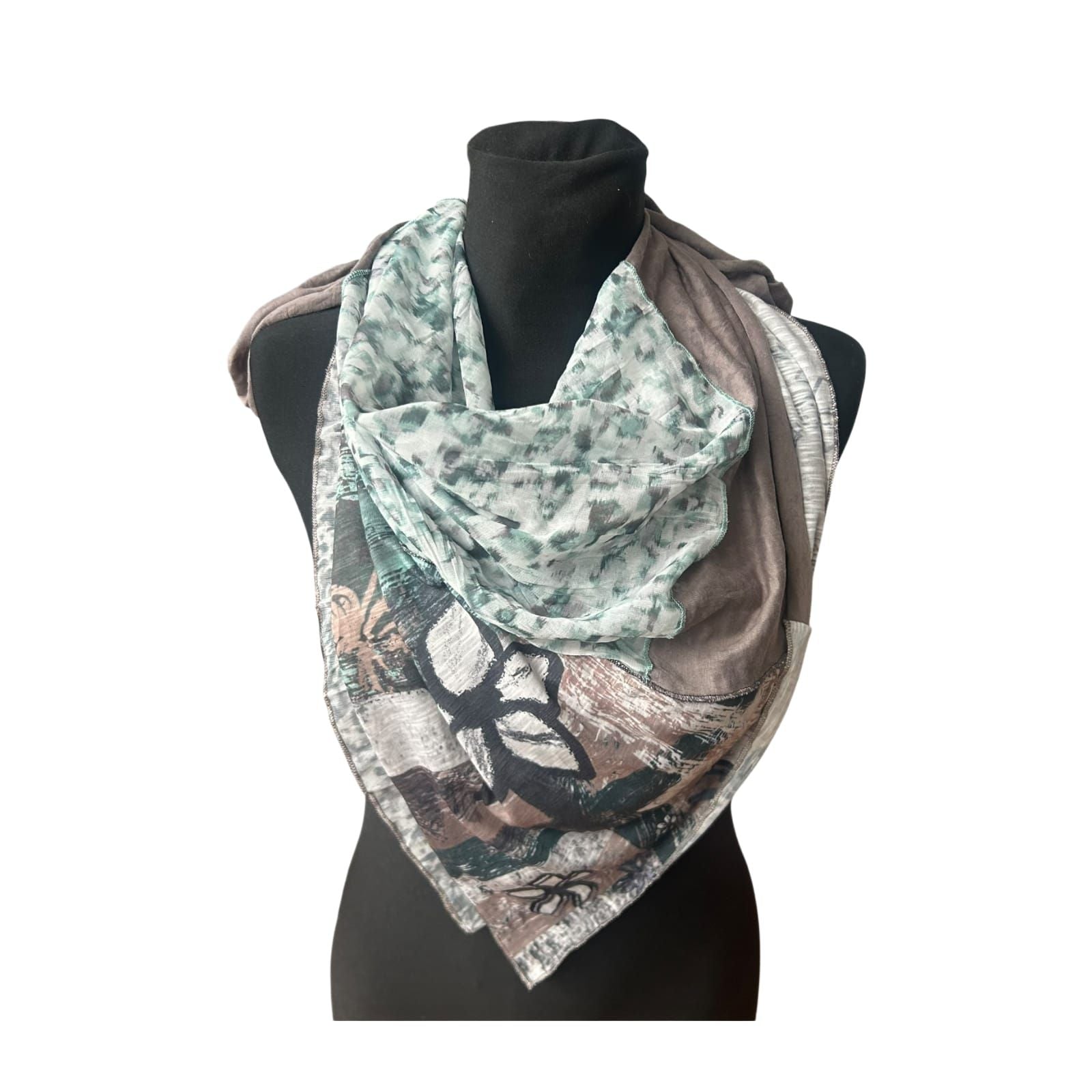Biba Halstuch Damen Dreieck Tuch Patchwork Muster Grau Grün Chiffon Elegant