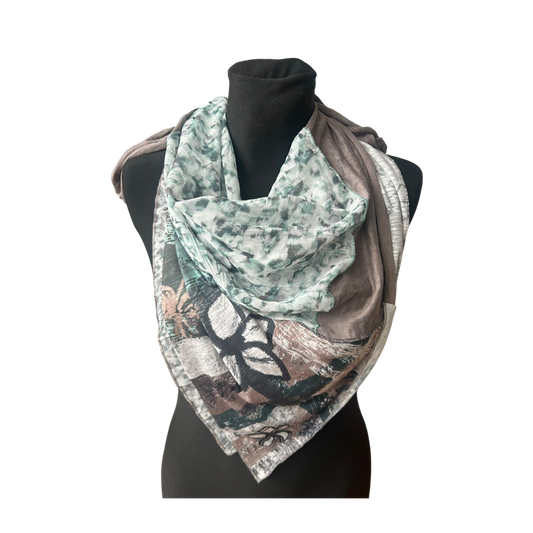 Biba Halstuch Damen Dreieck Tuch Patchwork Muster Grau Grün Chiffon Elegant