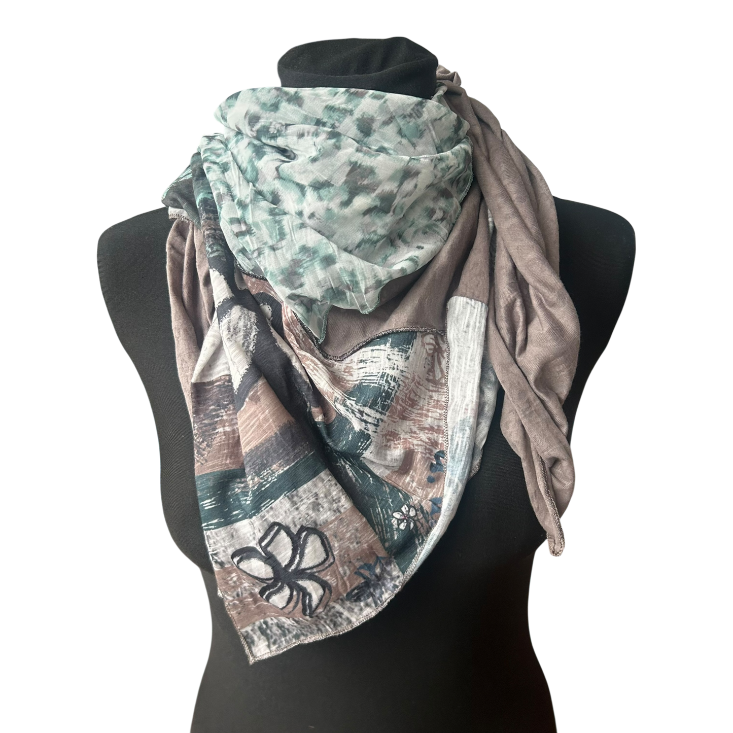 Biba Halstuch Damen Dreieck Tuch Patchwork Muster Grau Grün Chiffon Elegant