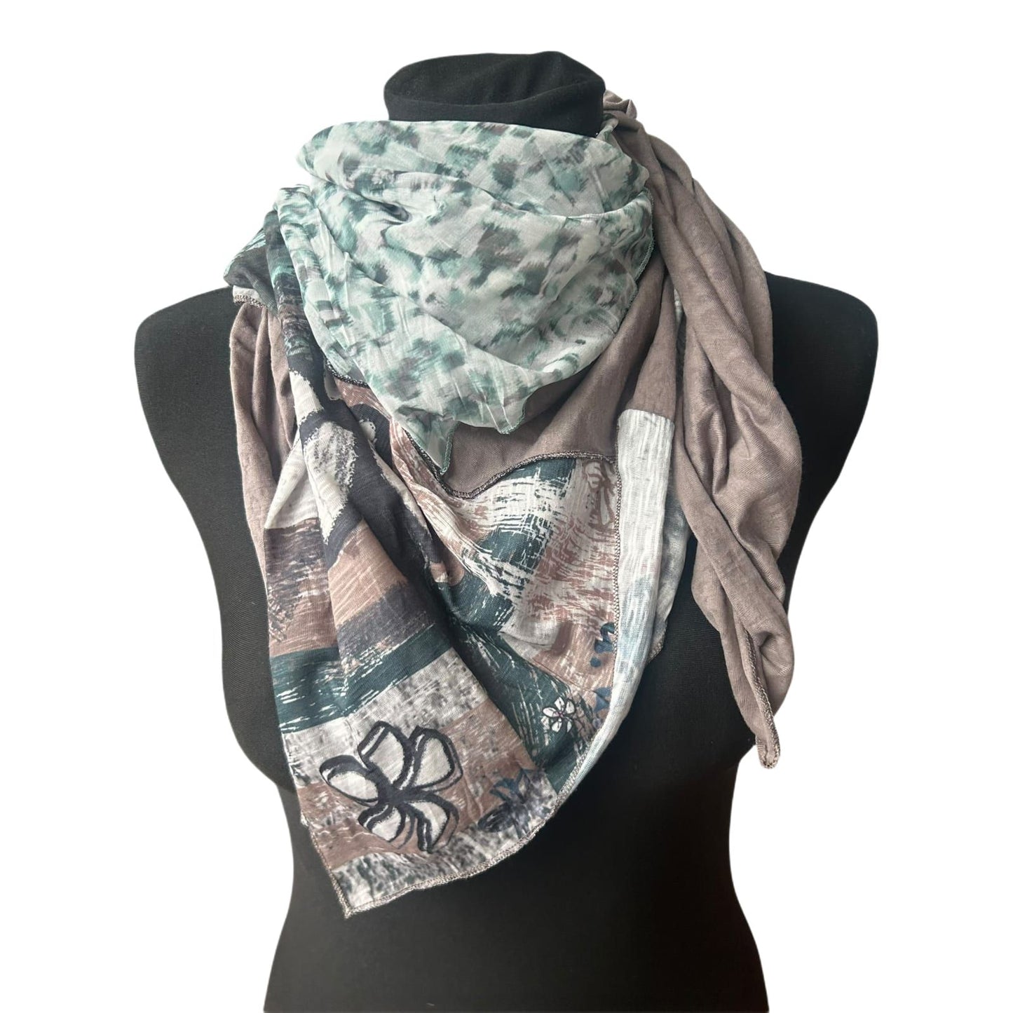 Biba Halstuch Damen Dreieck Tuch Patchwork Muster Grau Grün Chiffon Elegant