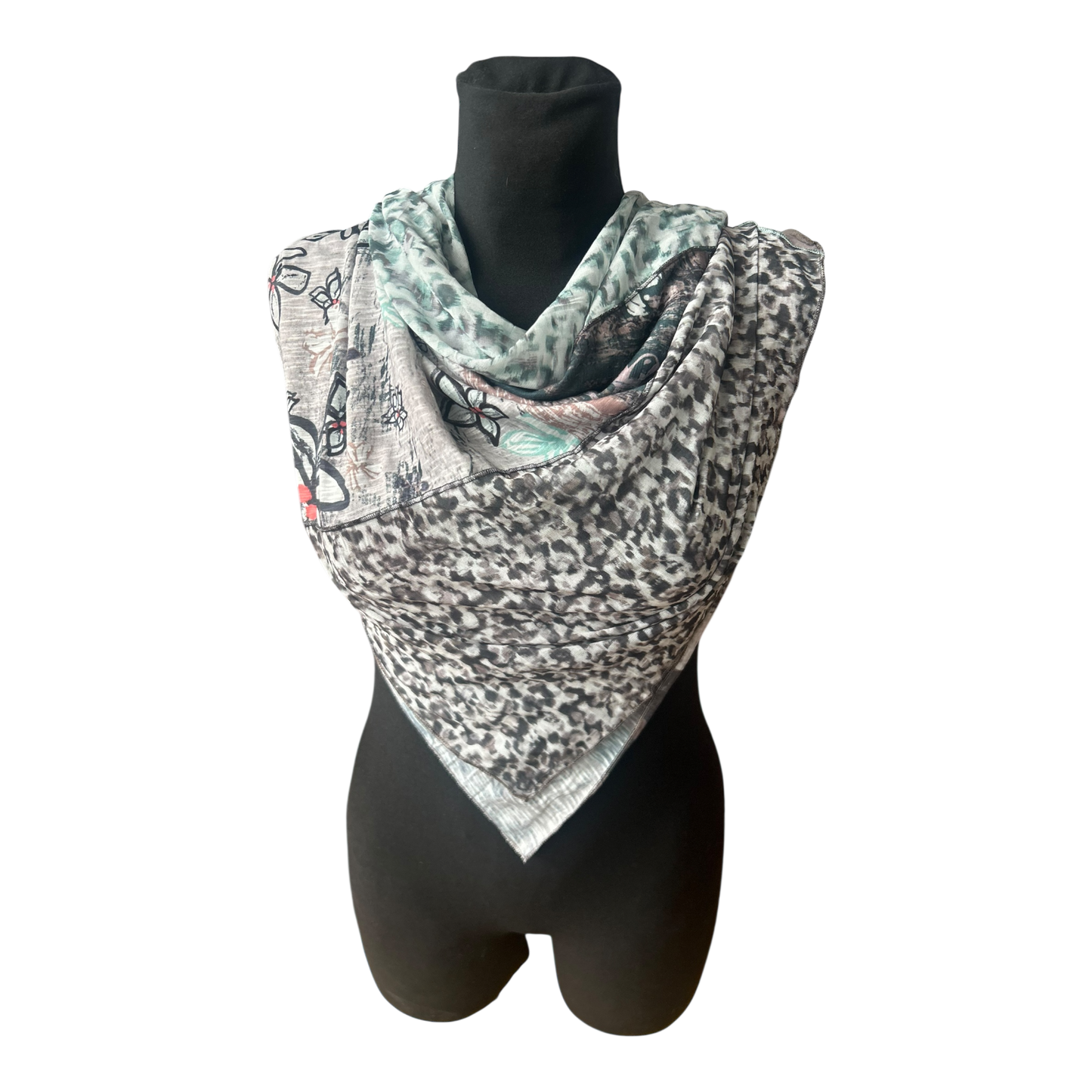 Biba Halstuch Damen Dreieck Tuch Patchwork Muster Grau Grün Chiffon Elegant