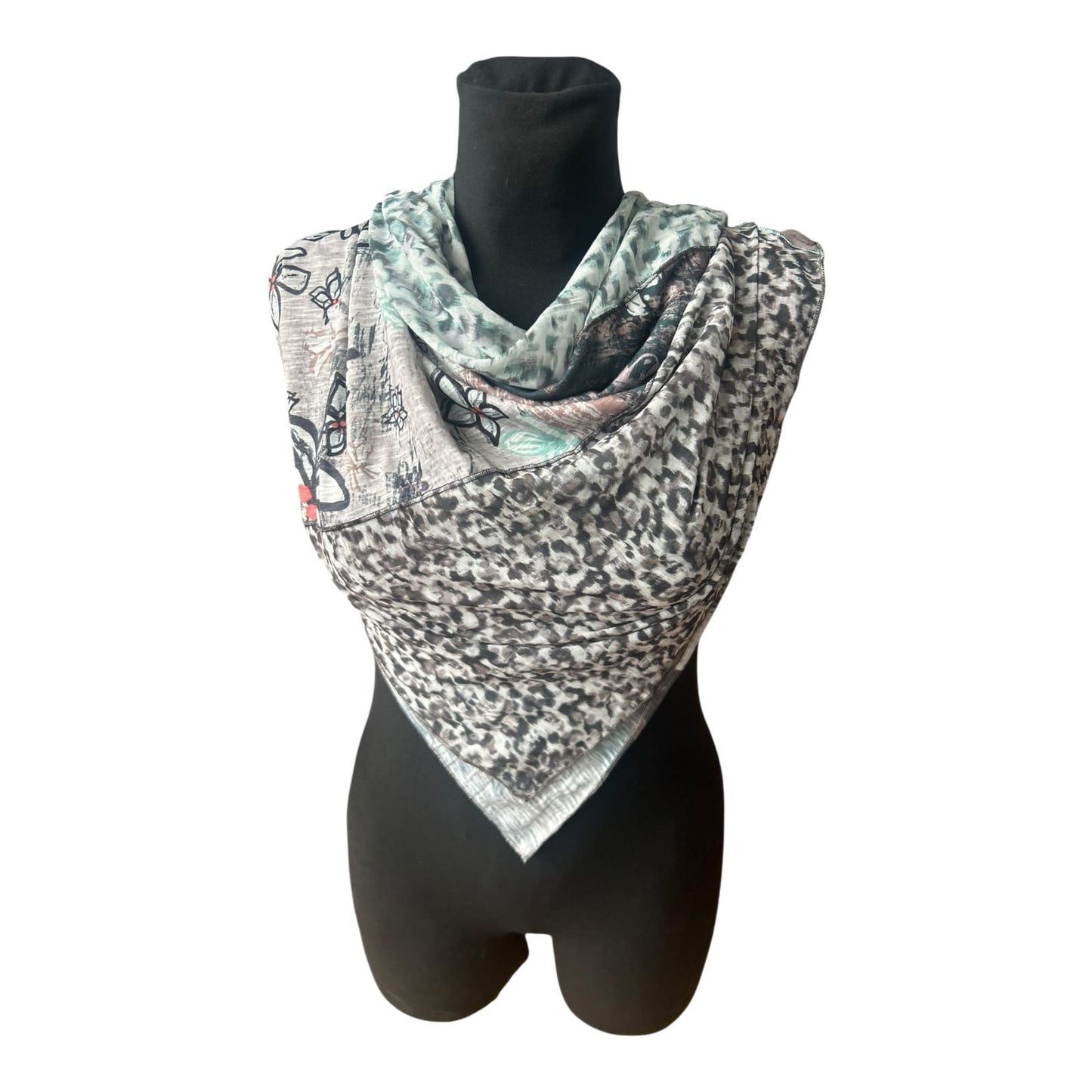 Biba Halstuch Damen Dreieck Tuch Patchwork Muster Grau Grün Chiffon Elegant