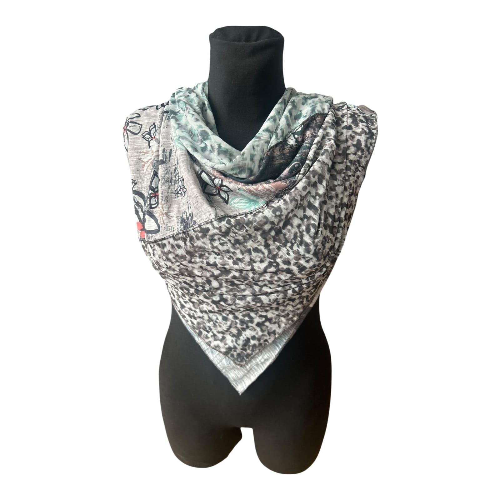 Biba Halstuch Damen Dreieck Tuch Patchwork Muster Grau Grün Chiffon Elegant
