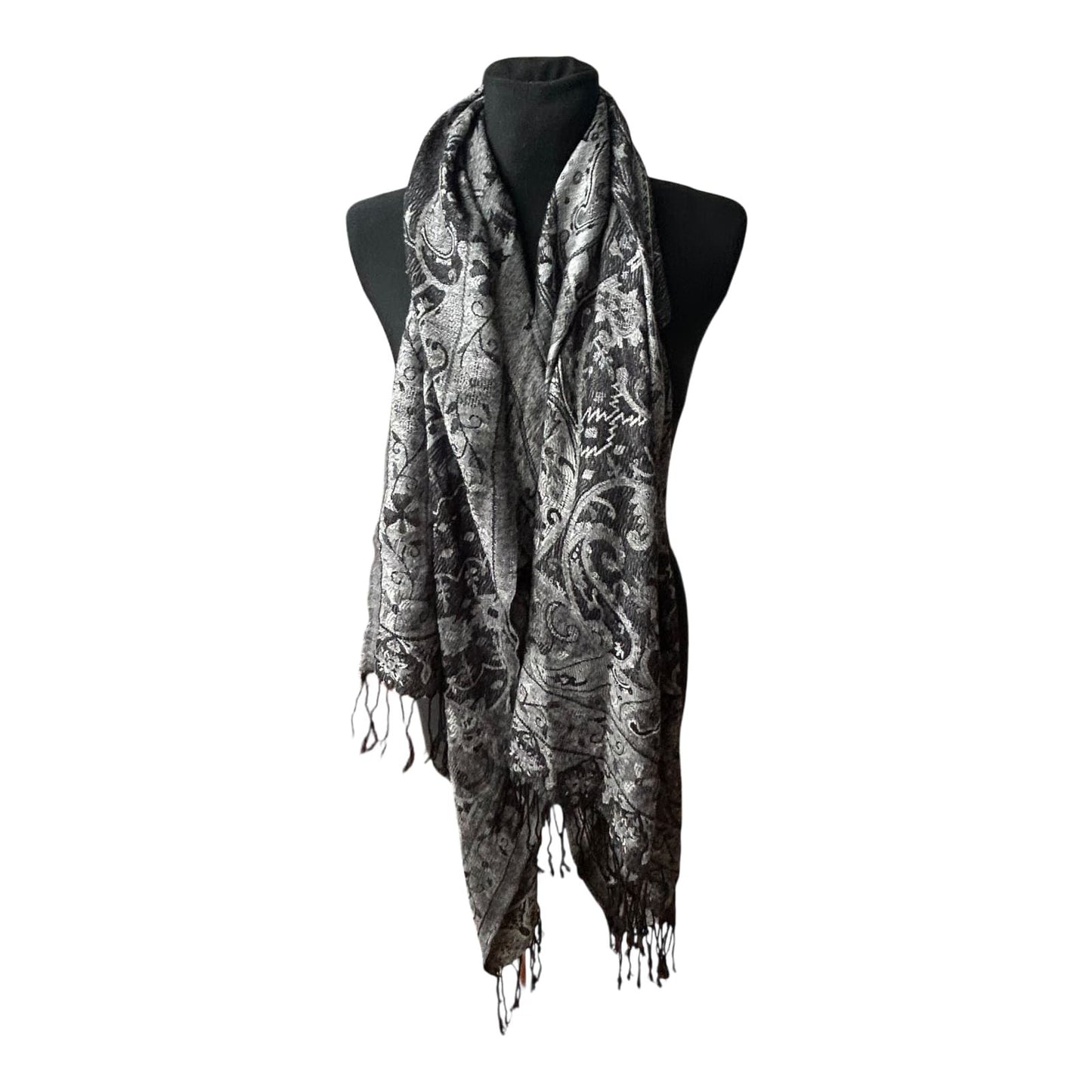 4You Damen Schal Paisley Muster Grau Fransen Elegant Leicht Viskose