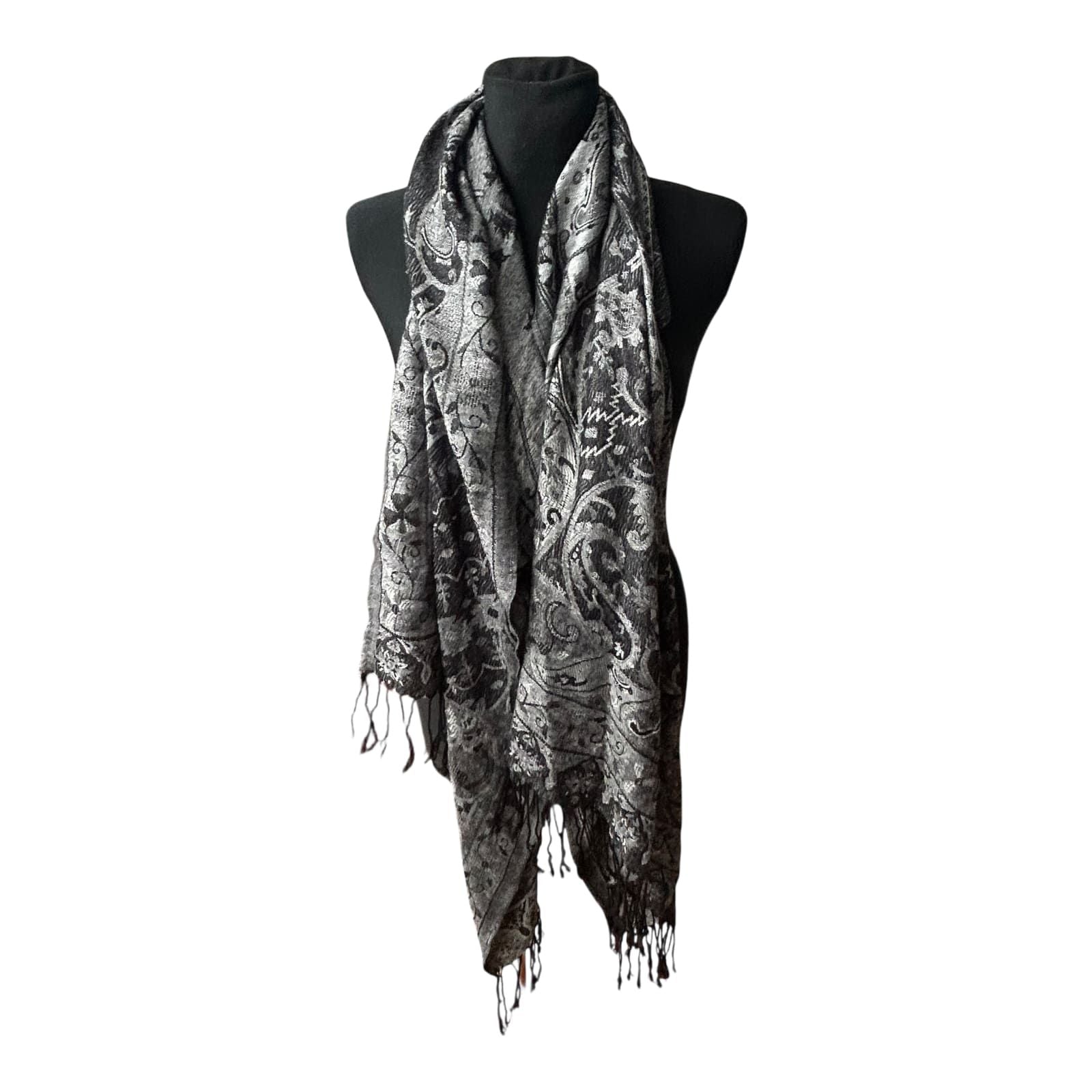 4You Damen Schal Paisley Muster Grau Fransen Elegant Leicht Viskose